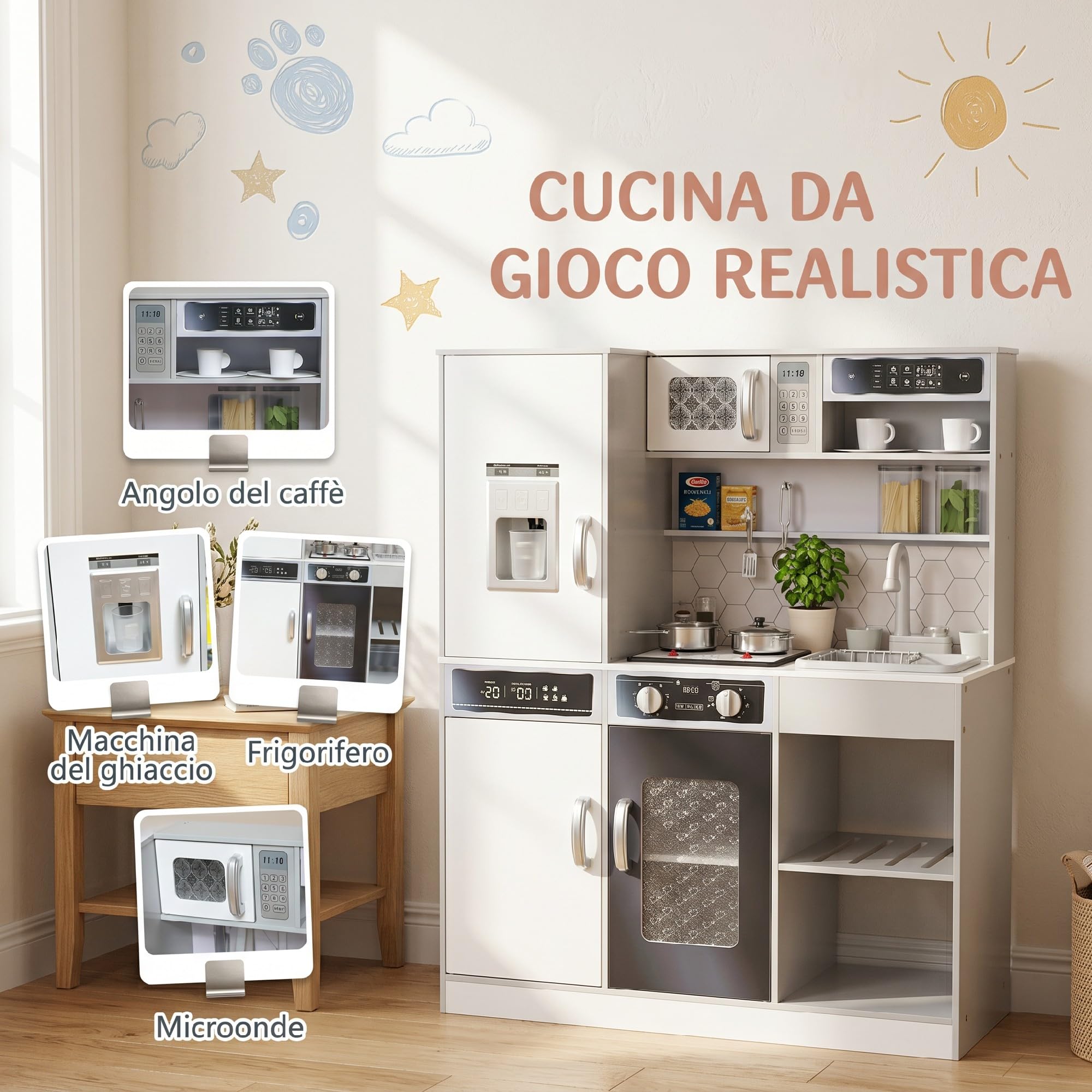 AIYAPLAY Cucina Giocattolo per Bambini in Legno con Fornello, Luci e Suoni, Forno, Microonde, Frigo, Macchina del Ghiaccio, Caffettiera, Lavello con Ricircolo d'Acqua e Accessori, per 3-8 Anni