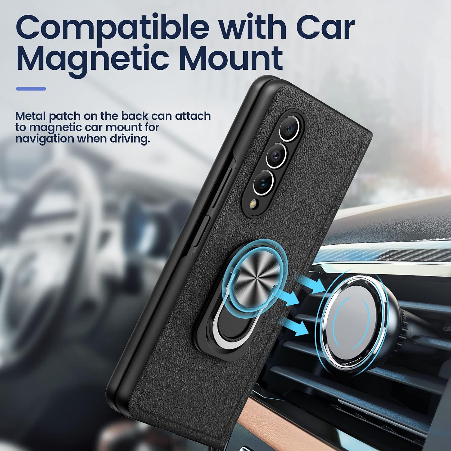 Caka for Galaxy Z Fold 3 Case, Samsung Galaxy Z Fold 3 Case with Kickstand Magnetic Ring Stand Full Body Case with Screen Protector Luxury PU Leather Cover Case for Z Fold 3 5G- Black