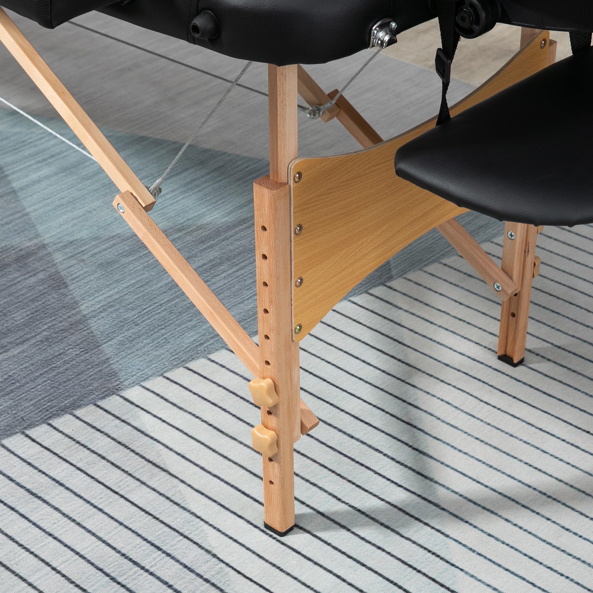 HOMCOM Camilla de Masaje Plegable 210x81 cm Camilla Estética Profesional con Reposacabezas Extraíble 2 Zonas Asa y Marco de Madera con Altura Regulable y Bolsa de Transporte Negro