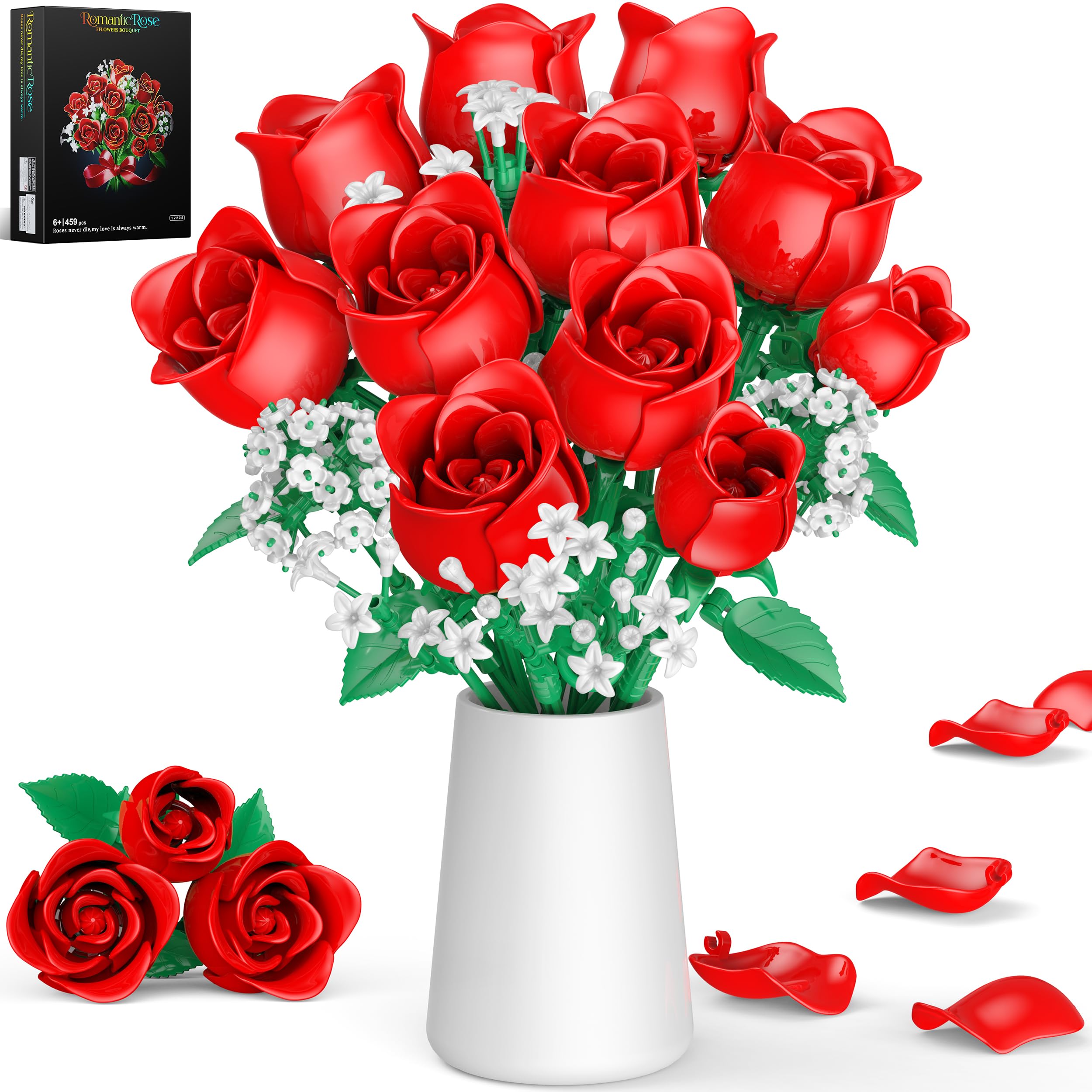 MOGZZi Flowers Bouquet Building Kit for Adults 15 Artificial Plants Decor with 11 Red Roses, Gift for Girls Children Age 6+
