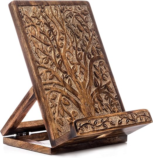 Matr Boomie, Hand Carved Solid Wood Recipe Cookbook Holder Stand (Tree of Life Design, 10.5x7.5), Tablet Dock, Docking Station, for Kitchen, Desk, Workshop