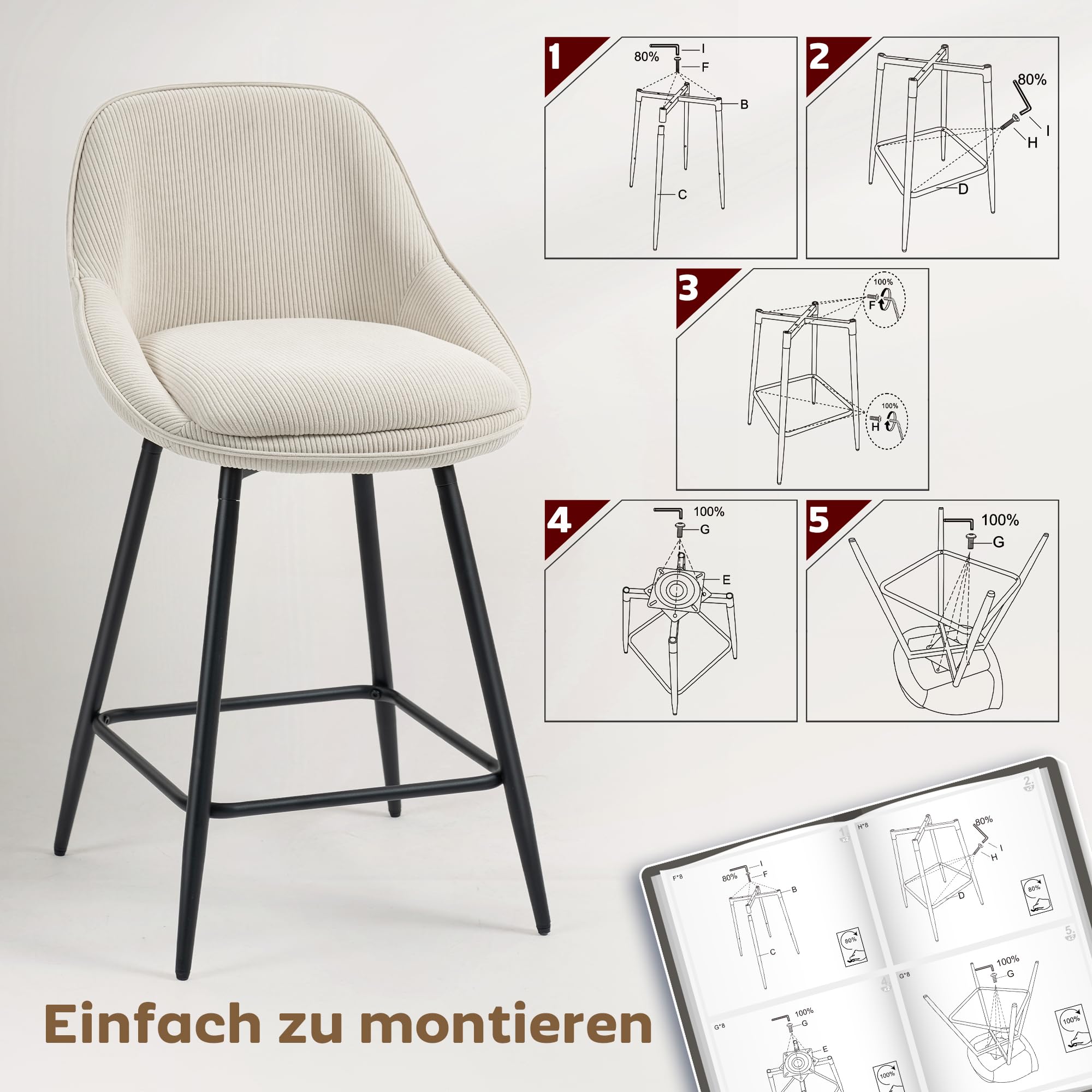 HOMCOM Barhocker 2er Set Drehbar mit Fußstütze Sitzhöhe 65 cm, Creme