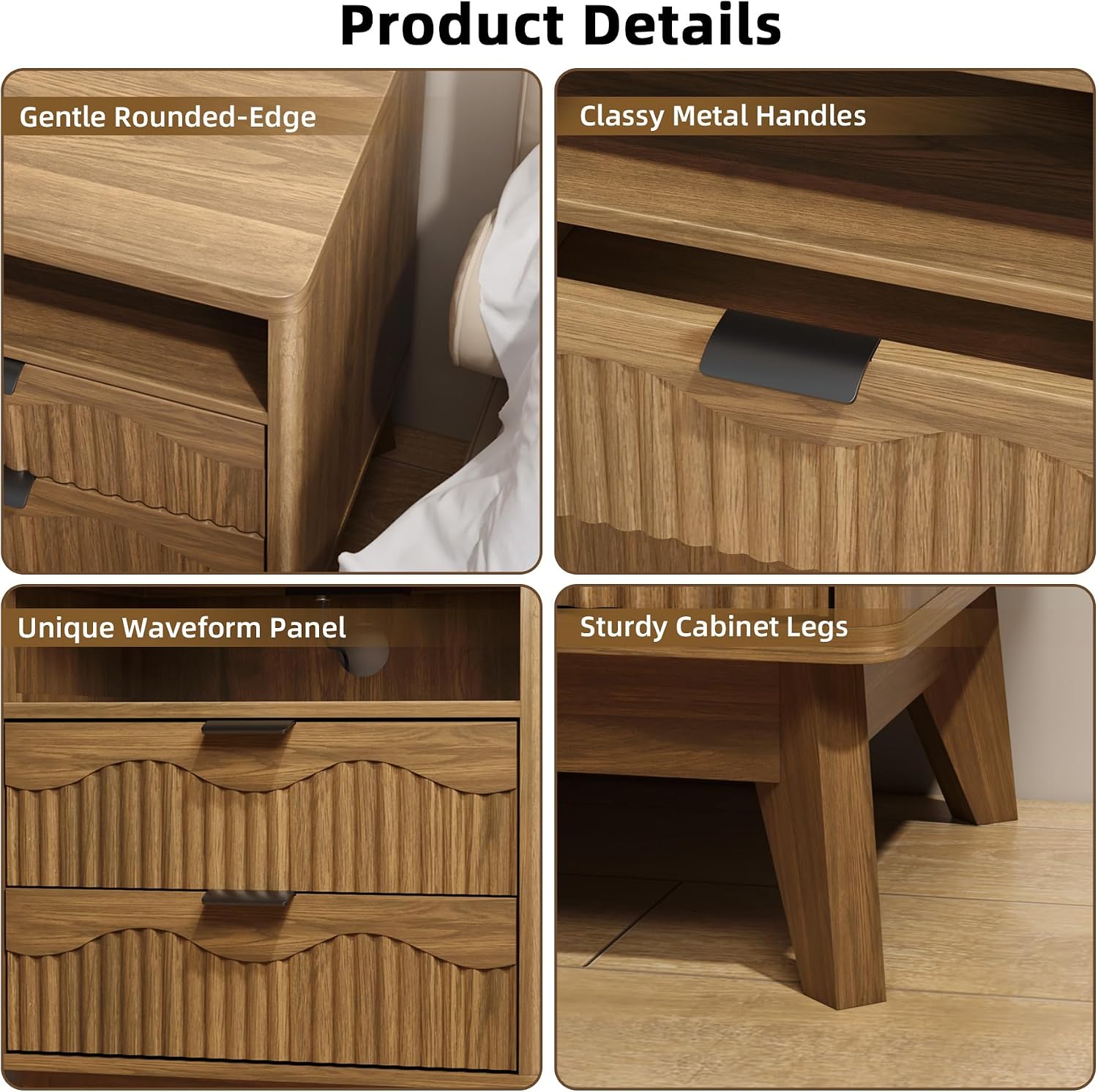 Fluted Nightstand with Charging Station & 2 Drawers, 22" Wide Sturdy Wooden Bedside Table with Open Shelf, Modern Side Table for Bedroom