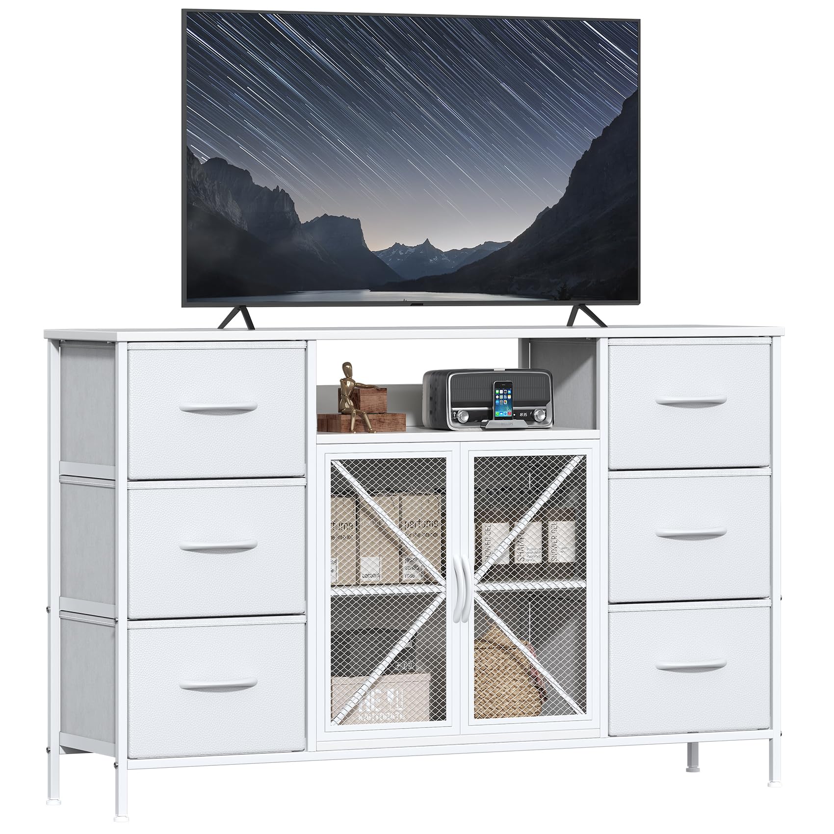 GoaHi Chest of Drawers, 6 Fabric Drawers Storage Unit with Mash Door and Shelf, Fabric Bins and Metal Frame, Storage Drawers for Bedroom, Closet, Hallway, Living Room, White