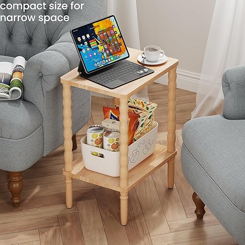 Miniatura 2 de Mesa auxiliar de madera maciza, pequeña mesa auxiliar retro, mesa auxiliar estrecha para sofá con estante de almacenamiento, mesita de noche delgada