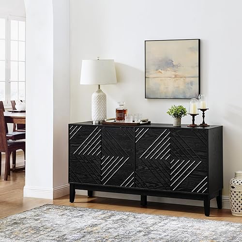 Miniatura 3 de Henf Mesa consola moderna de mediados de siglo de 60 pulgadas de largo con patrón geométrico y estantes ajustables, mesas rectangulares de madera