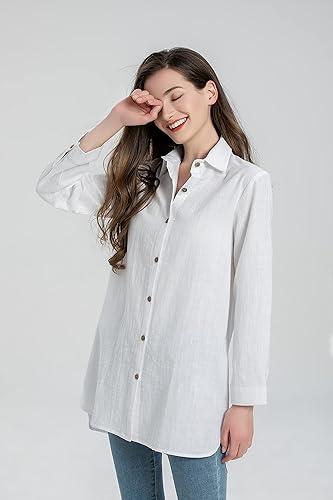 Miniatura 4 de Minibee Camisas de algodón para mujer, túnica alta y baja, blusa con botones