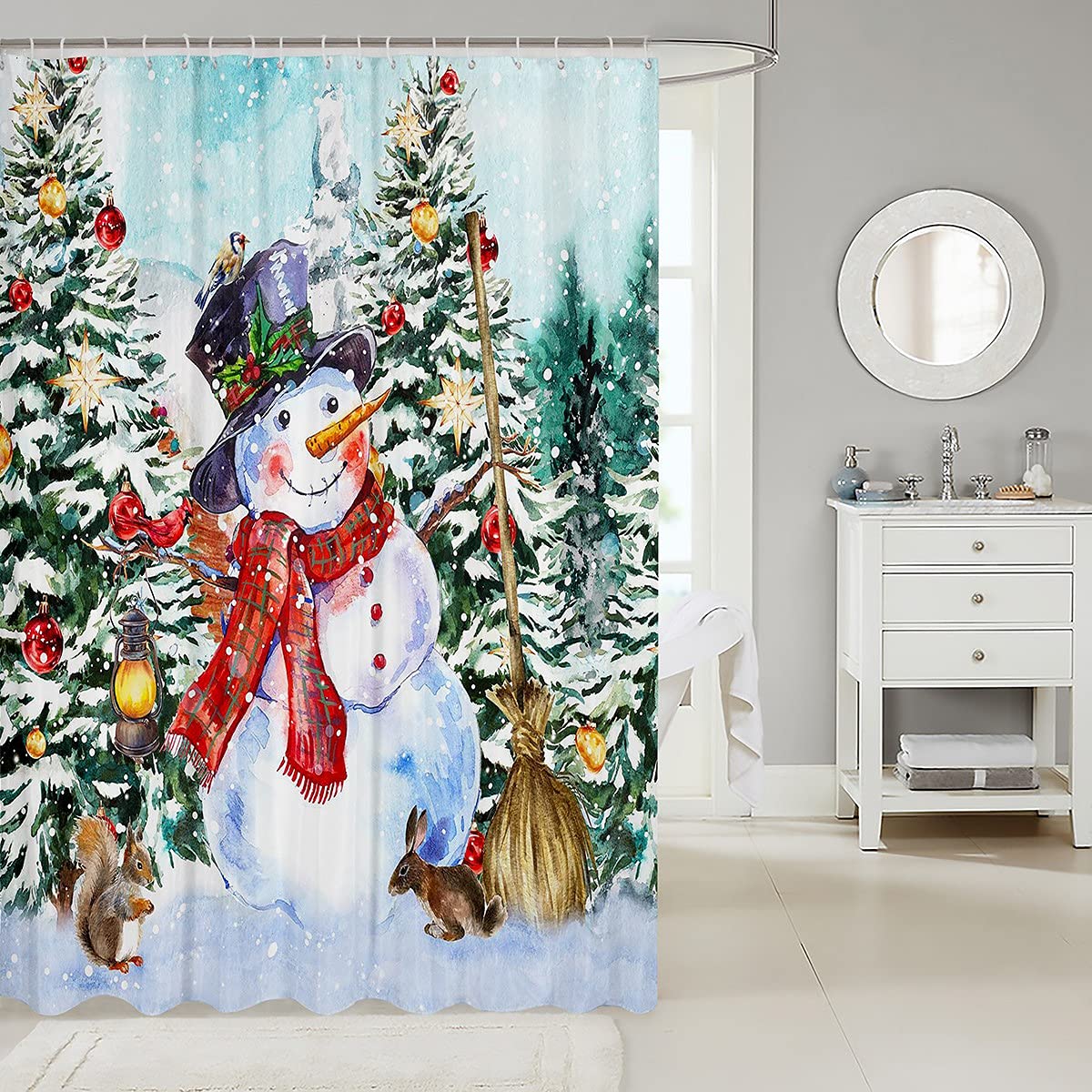 Weihnachts-Duschvorhang – Mit Winterlichem Design (Tannenbäume, Schneeflocken), Wasserdicht, Mit Magnetleiste & Transparentem Fenster