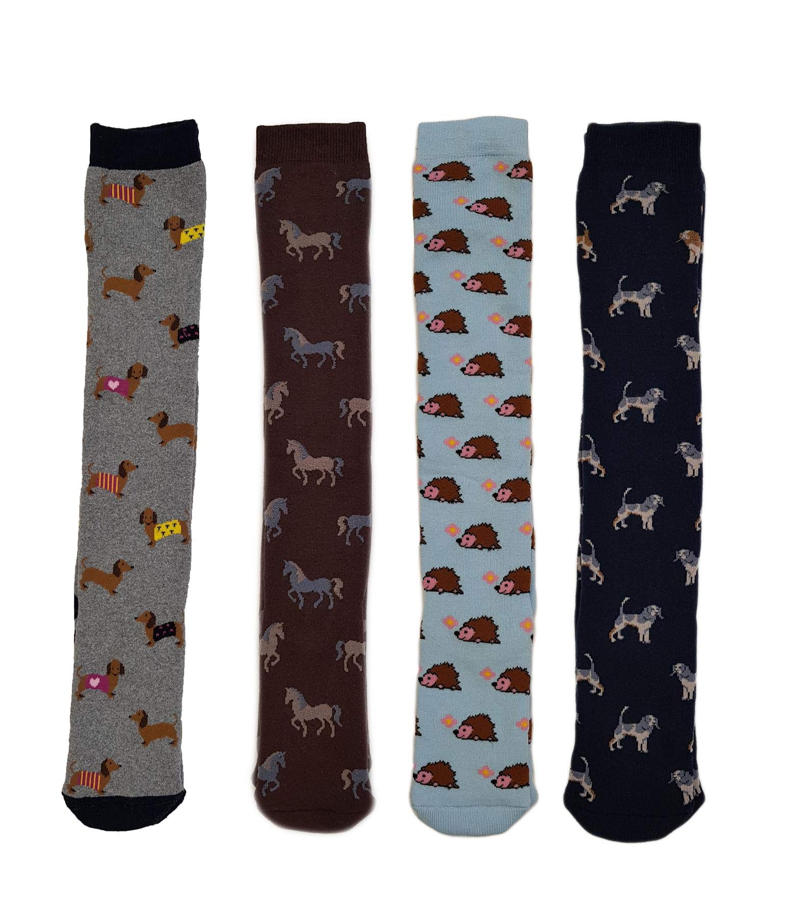 Sock Stack Women's Black 4 Pairs Of Welly Boot Socks For Cotton Rich Breathable Long Animal Design Wellington Sock Uk Size 4-7