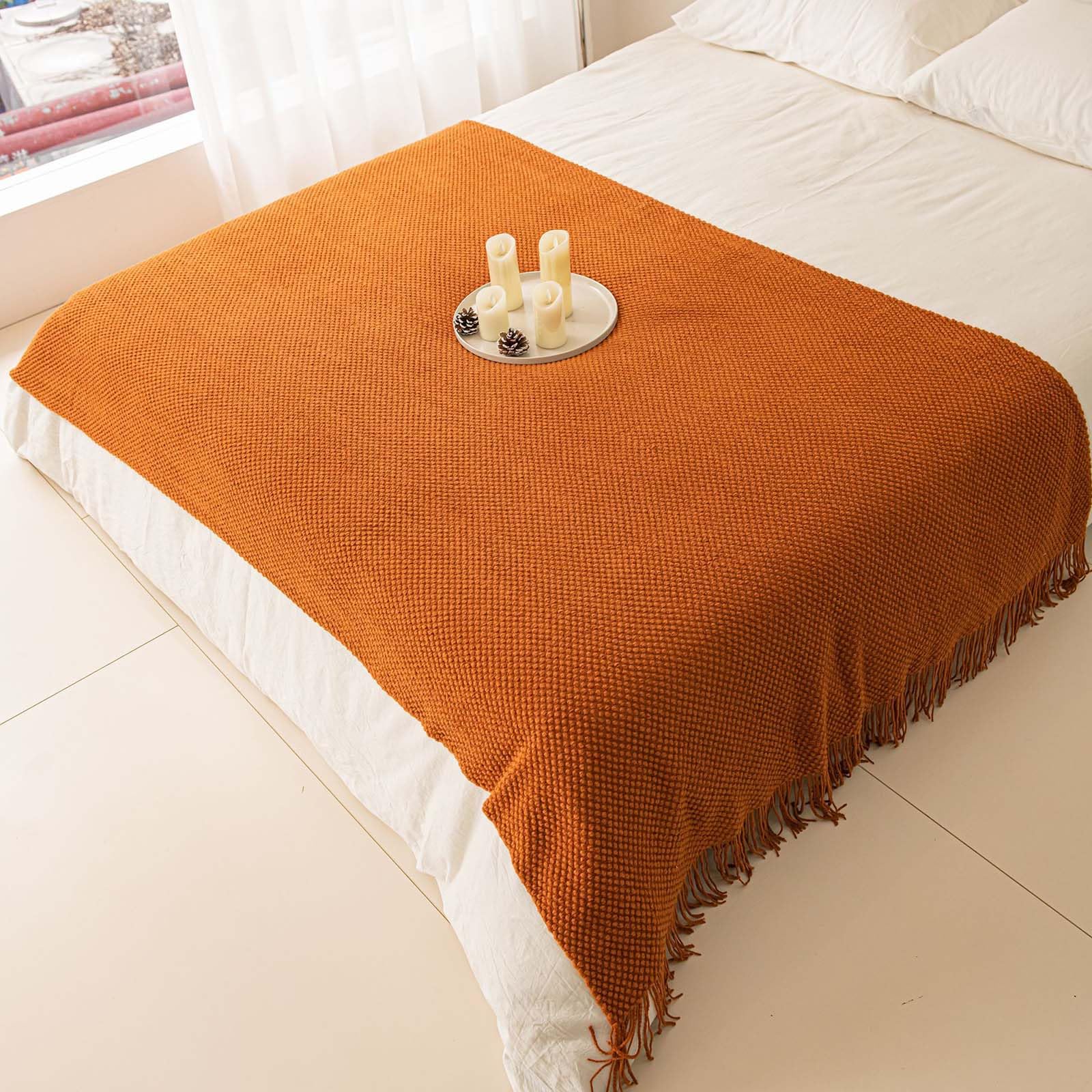 Jnkiquii Bed Runner Scarf Set Acrylic Corn Kernel Knit Tassel Foot Throw With 40 * 40cm Cushion Covers and Inserts Solid Decor for Twin Queen King Bedroom Hotel Homestay