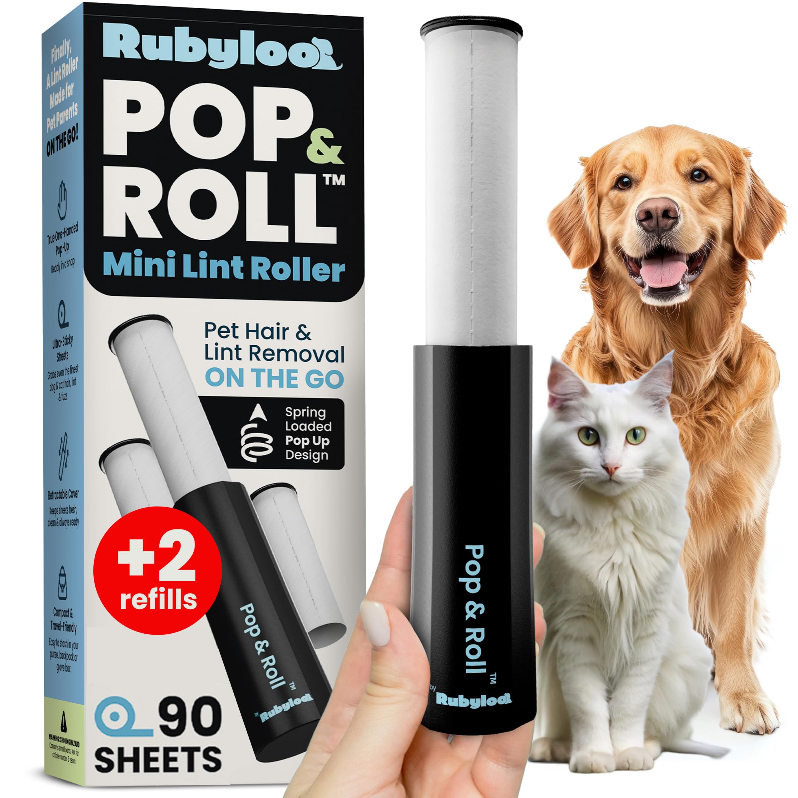 Einziehbare Mini-Fusselrolle für Tierhaare, extra klebrig (1 Packung + 2 Nachfüllrollen) – Reisegröße Tierhaarroller mit Abdeckung – Katzen- & Hundefellentferner für Kleidung