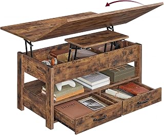 VASAGLE Coffee Table, Height-Adjustable Living Room Table, Gas Cylinder, 2 Drawers and 3 Compartments Under Table Top, Coffee Table, 1 Open Compartment, for Living Room, Home Office, Vintage Brown