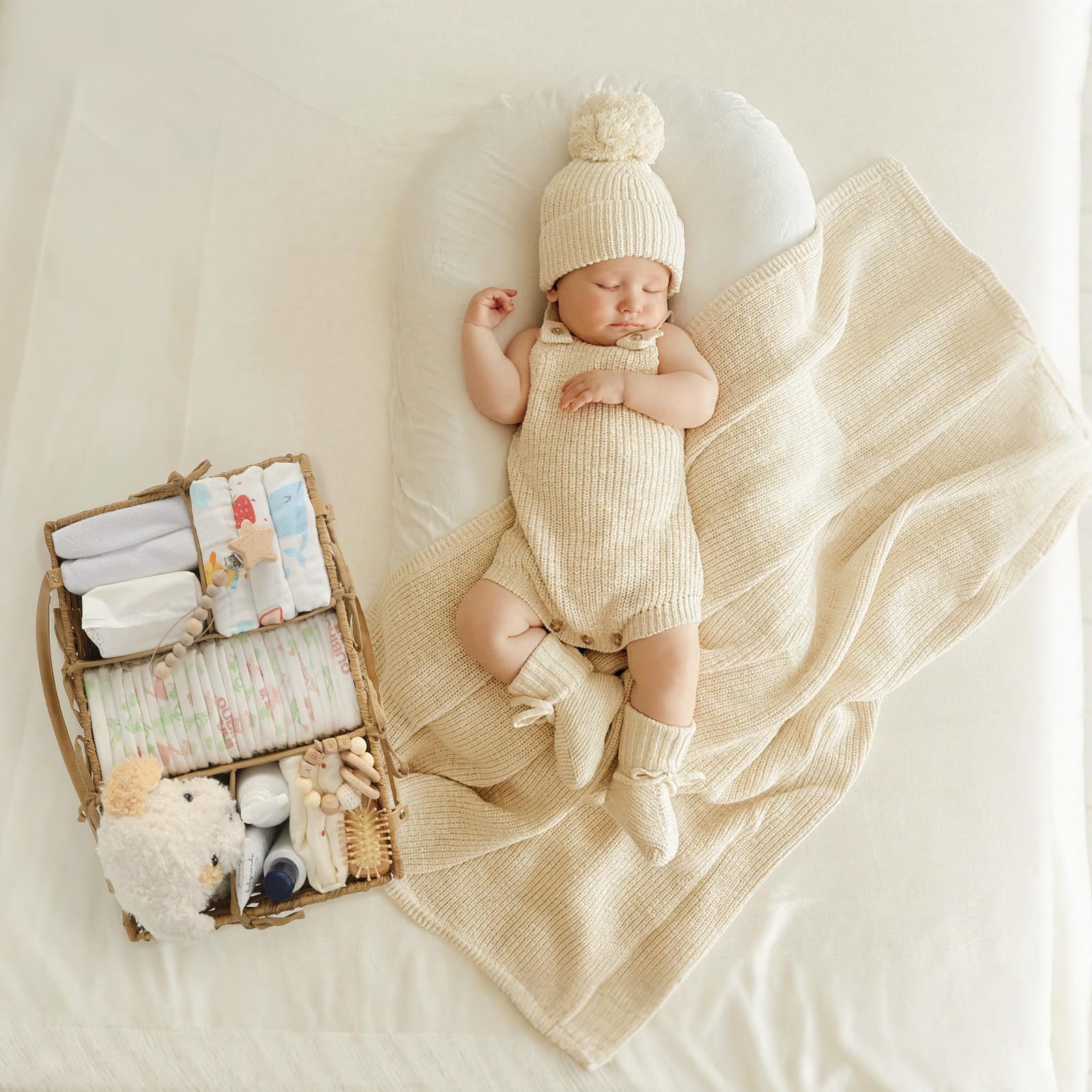 Organiseur de table à langer - Panier de rangement tressé en rotin synthétique - Organiseur de luxe tissé à la main pour fournitures de bébé - Cadeau de naissance indispensable (Naturel, XL)