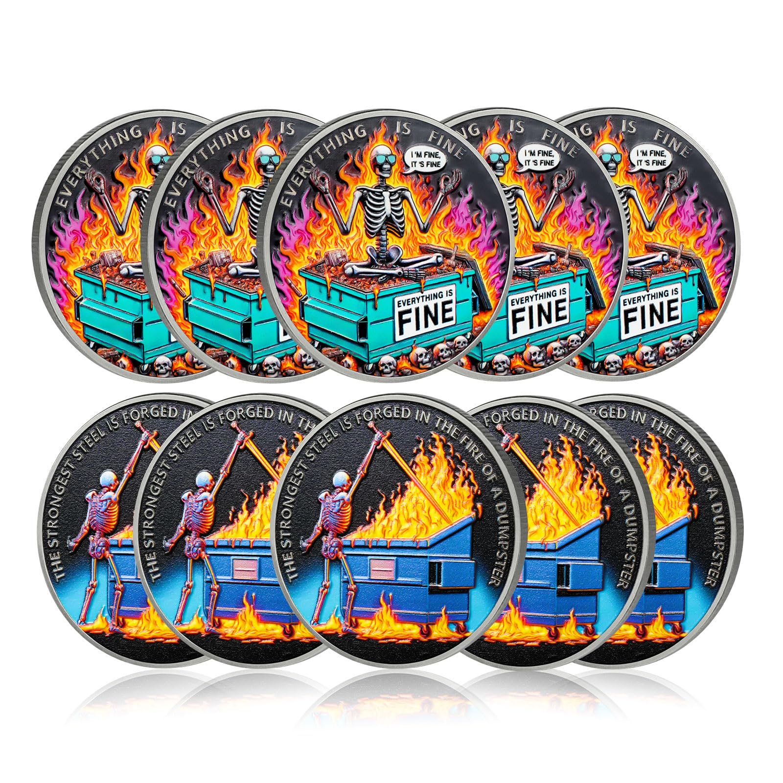10Pcs Sunglasses Skeleton Dumpster Fire Coin, Forging Steel Dumpster Fire Challenge Coin - Funny Office Desk Accessories - Novelty Coins Pocket Token - Inspirational Office Gifts for Men Women