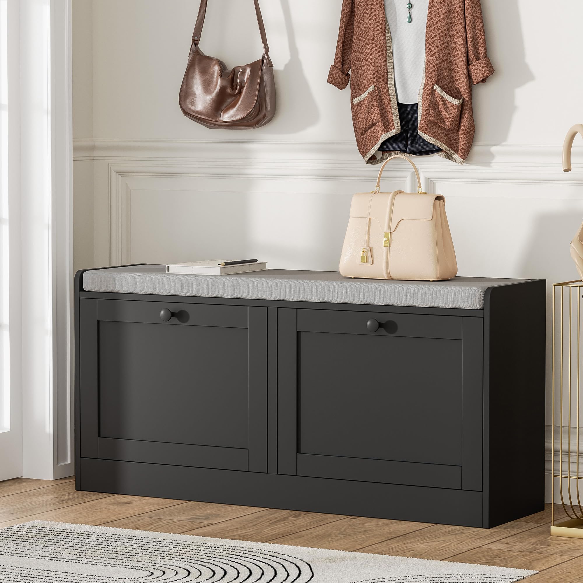 MHOM Black Modern Entryway Bench with 2 Flip Drawers, Shoe Bench with Padded Seat Cushion, Wooden Storage Bench for Hallway and Entryway