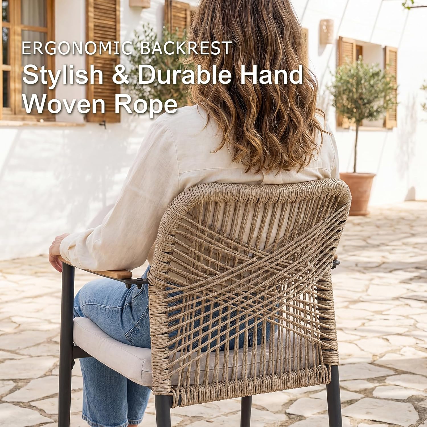 SUNSITT Patio Dining Chair Set of 4, Woven Wicker Outdoor Dining Chairs with Cushions & Faux Wood Grain Armrest Top, 4-Piece Stackable Bistro Chairs for Garden Backyard Porch