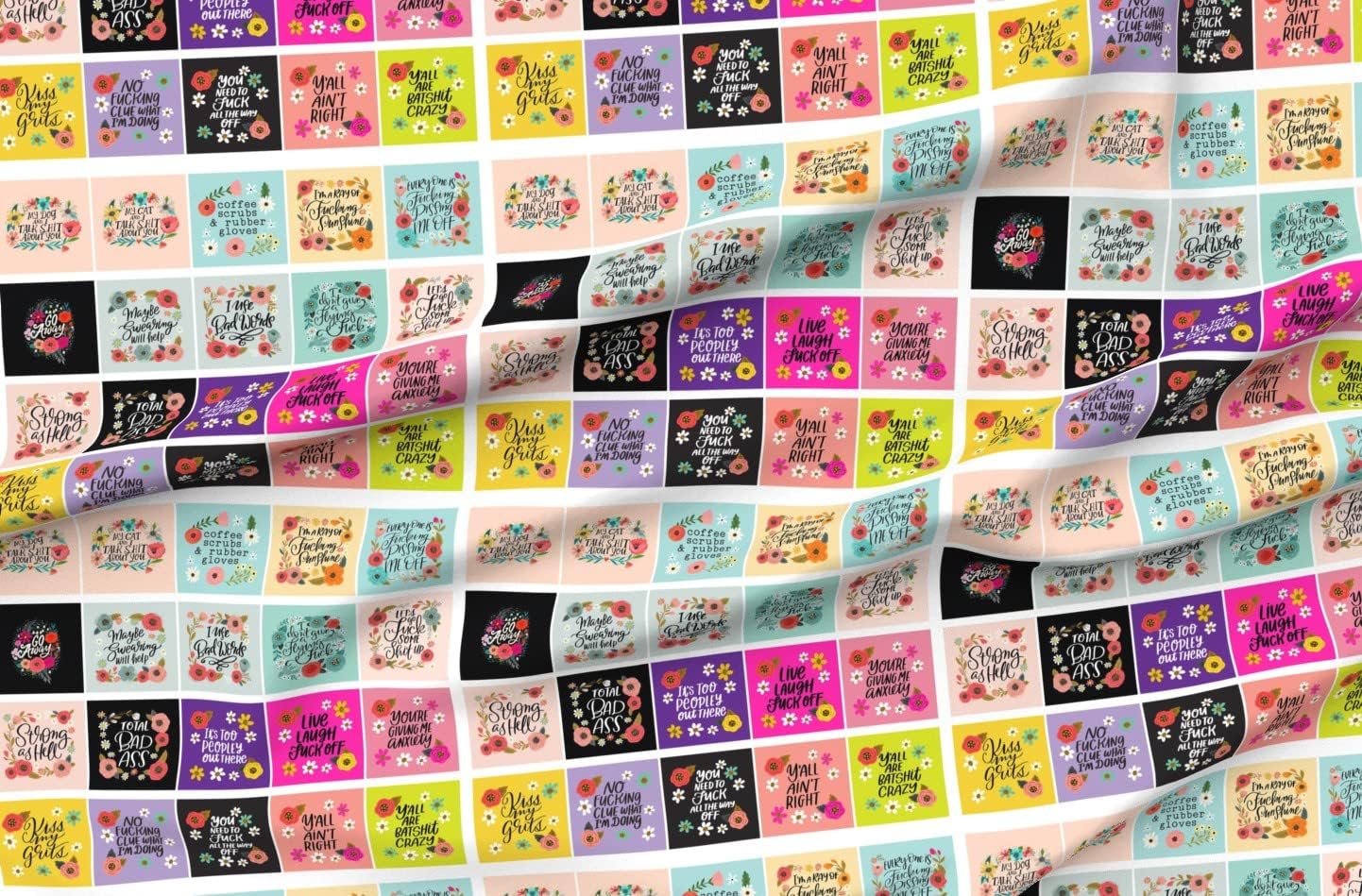 Spoonflower Fabric - Sweary Swear Word Mature Content Cheater Quilt Cussing Topper Funny Printed on Organic Cotton Sateen Fabric by The Yard - Sewing Quilting Apparel Home Decor