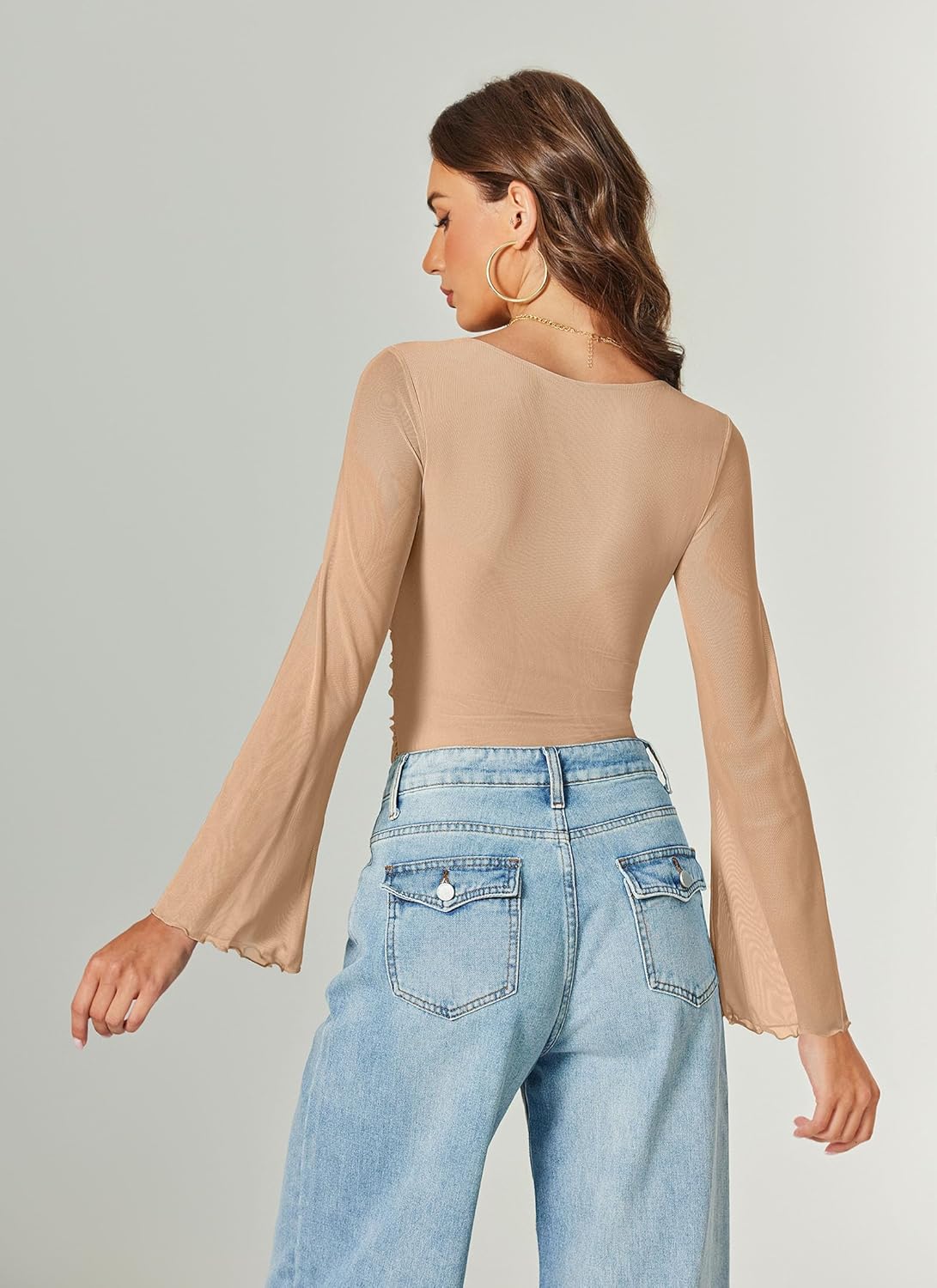 Avidlove Bodysuits for Women Long Bell Sleeve Mesh Square Neck Body Suits Going Out Tops Country Concert Outfits - Image 3