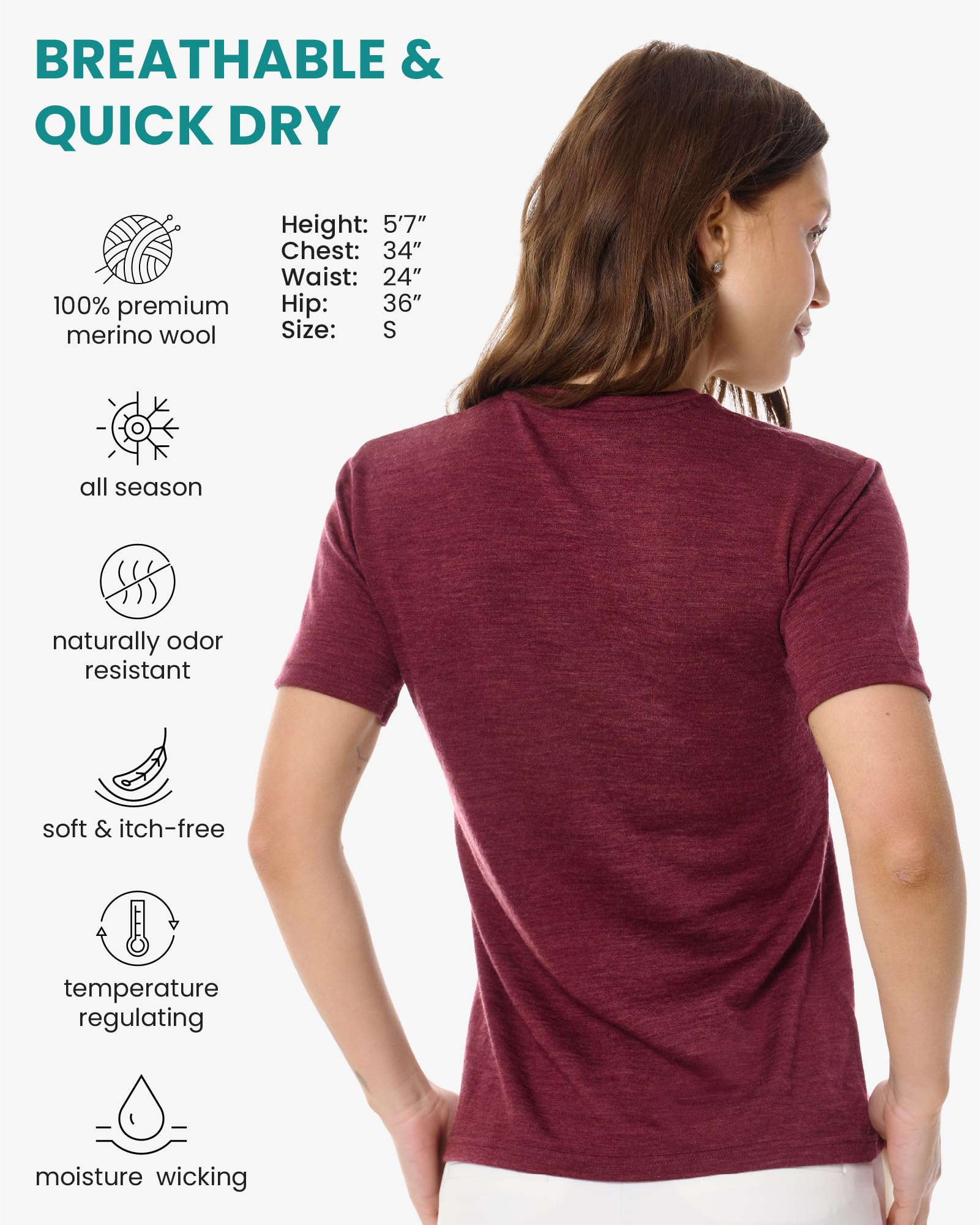 Merino.tech Maglietta Donna - T Shirt Lana Merino Manica Corta, 100% Intimo Lana Merinos Donna (Large, Burgundy Wine Crewneck)