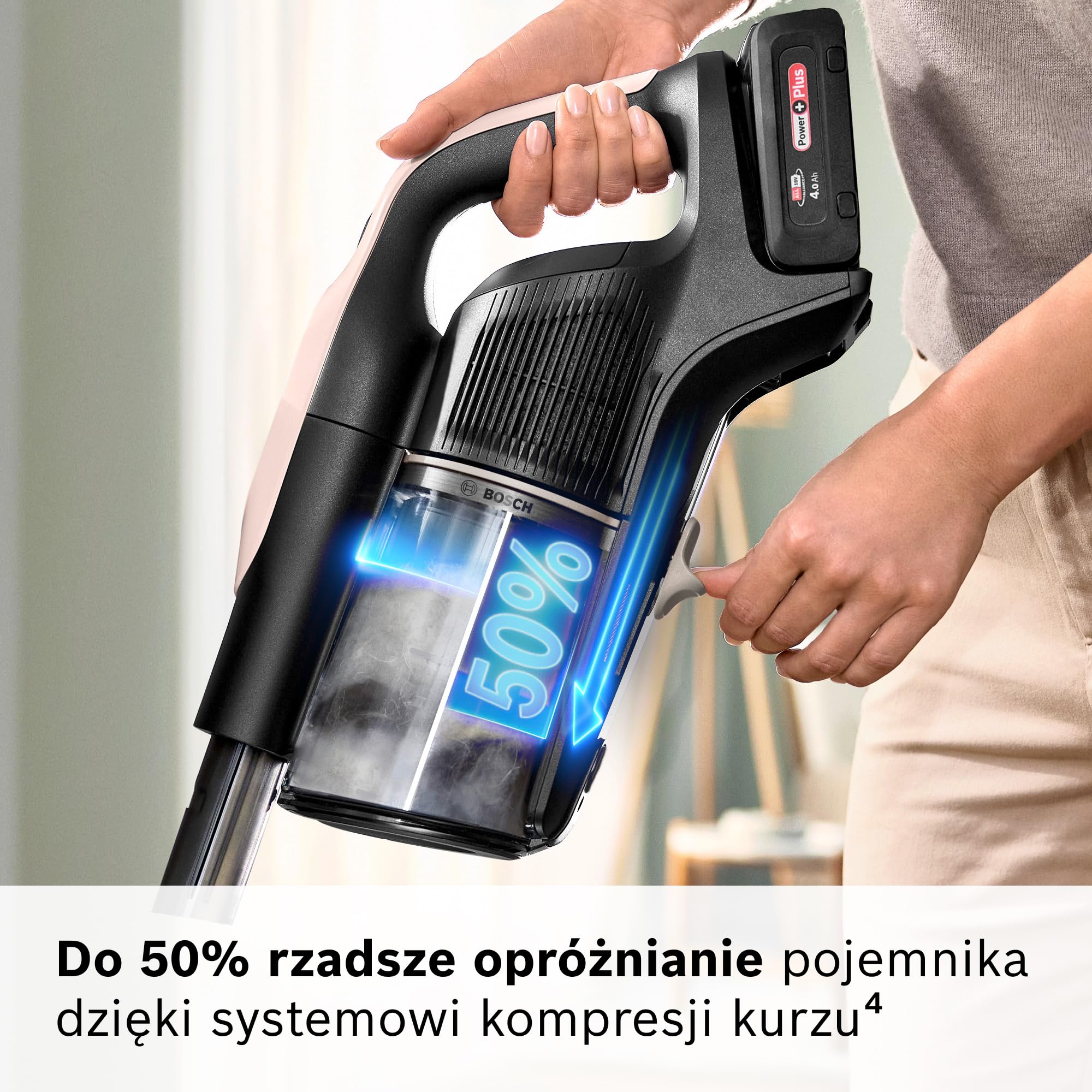 Bosch Unlimited 10, Odkurzacz Bezprzewodowy z Technologią MicroClean, łatwo opróżnianym pojemnikiem na kurz, zginaną rurą, podświetleniem LED i akumulatorem 4,0 Ah, kolor różowy, BKS1041RHF