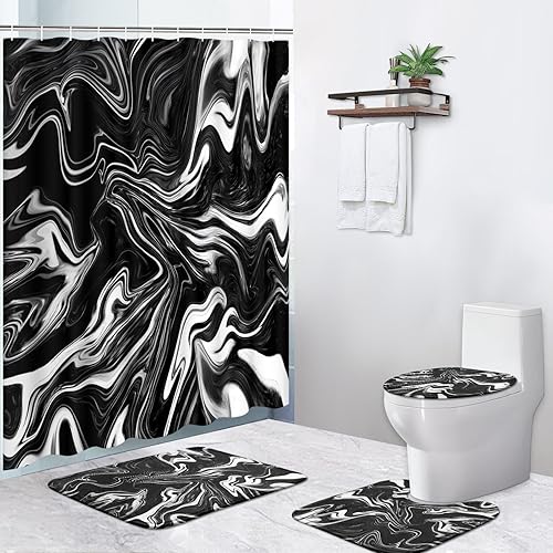 Miniatura 2 de ArtSocket Juego de cortina de ducha con alfombras, juego de baño de mármol negro con alfombra antideslizante, cubierta para tapa de inodoro, tapete
