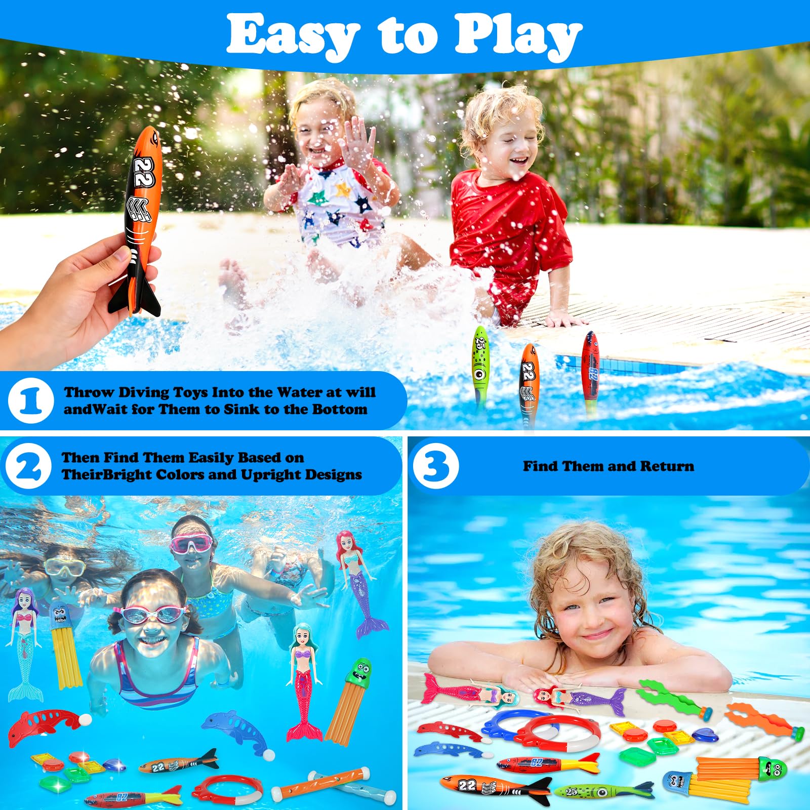 Jouets de Plongée Piscine 43 PCS Jeux Piscine Enfant Anneaux Piscine Set avec Anneaux de Plongée Torpedo Bandits Bâtons de Plongée pour Jeux sous-Marins et Fêtes d'été en Piscine