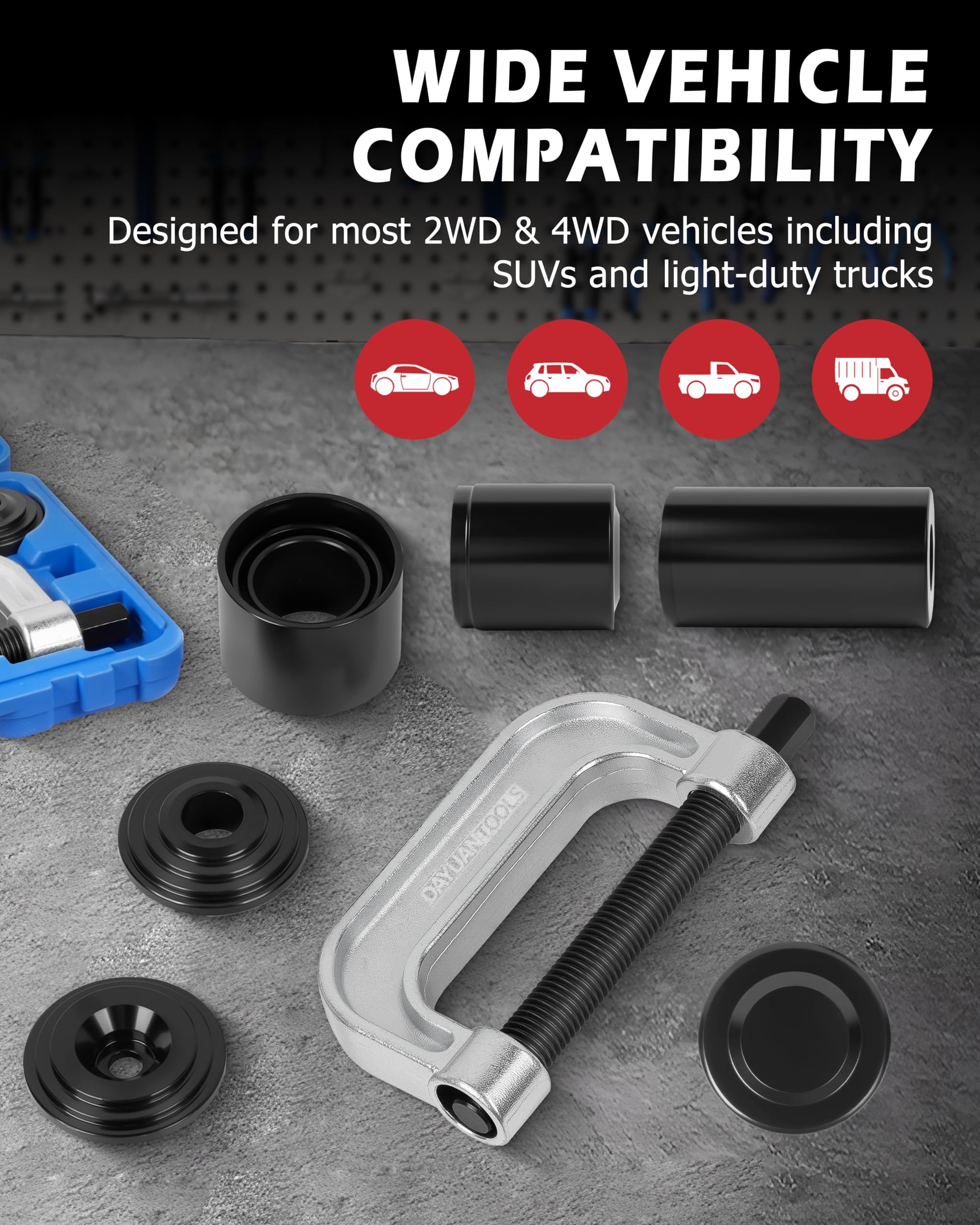 Kit de prensa de rótula y herramienta de extracción de juntas de cardán DAYUAN con adaptadores para 4x4 para la mayoría de coches y camiones ligeros con tracción en 2 y 4 ruedas con estuche de