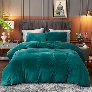 Ivellow Velvet Duvet Cover Set Queen Size 3 Pcs Peacock Blue Luxury Flannel Velour Duvet Cover Zipper Closure Corner Tie
