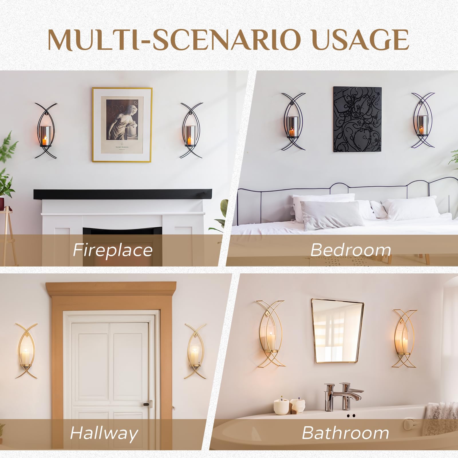 Lot de 2 bougeoirs muraux dorés à Walasis avec ouragan – Bougies murales Modernes à Suspendre pour cheminée, Cuisine, Salle à Manger