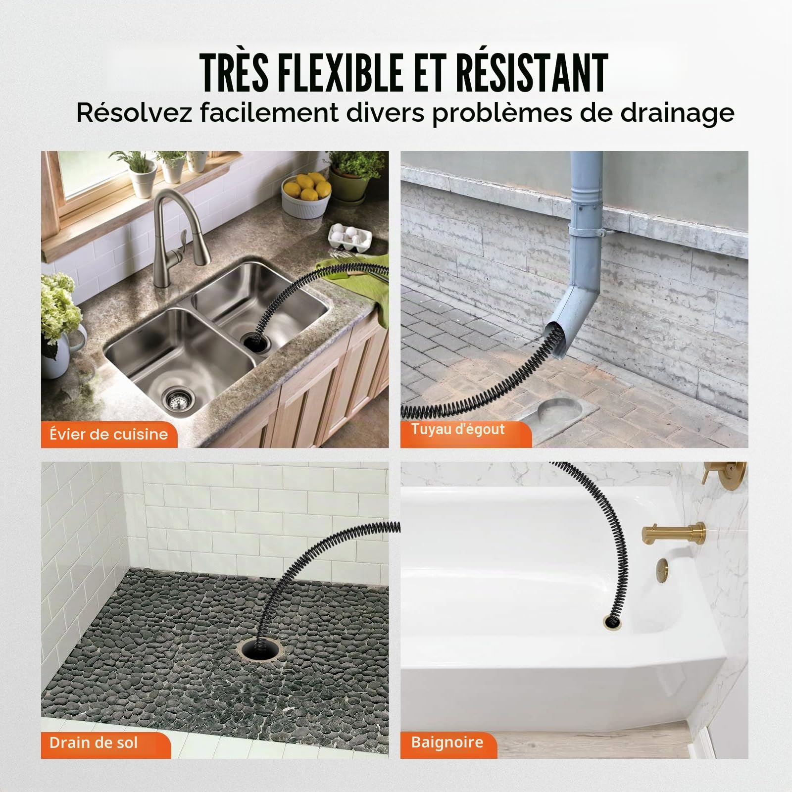 VEVOR Câble de nettoyage de canalisations, 30 m x 16 mm, câble de tarière de vidange d'égout noyau creux sectionnel professionnel, 7 coupeurs pour tuyaux 20-100 mm pour évier, siphon de sol, toilettes