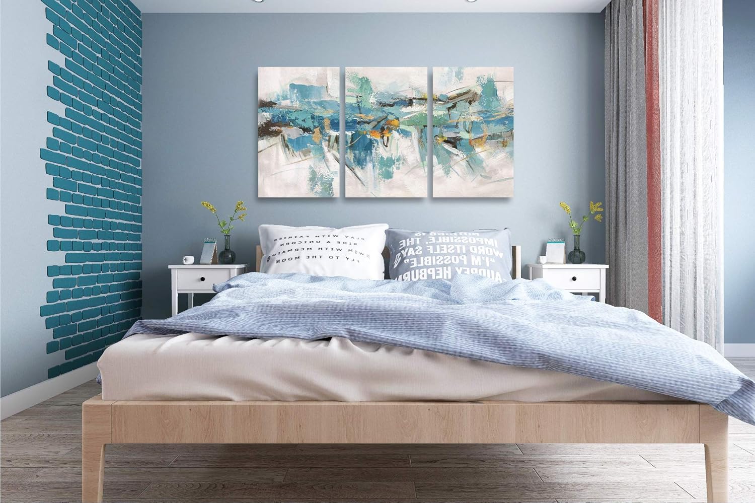 Yihui Arts 3 Piece Abstract Canvas Wall Art with Textured Light Blue Teal Color Painting Pictures Set with Gold Foil Artwork for Living Room Bedroom Bathroom Decor - Image 4