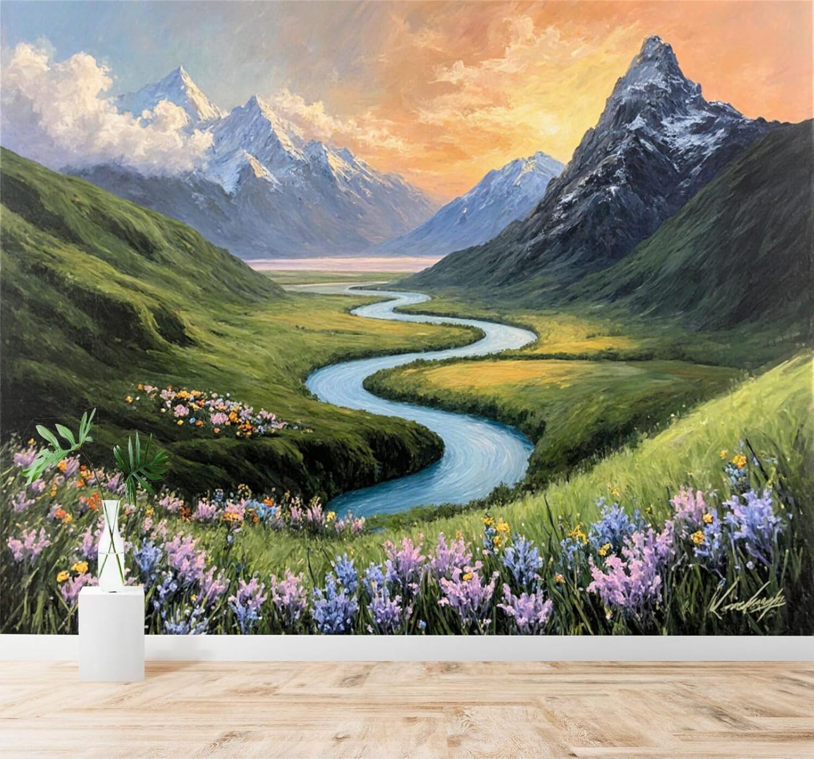 XLMING River Valley Colourful Flowers Snow Capped Mountains Sunset Sky 3D Wallpaper Premium Textured Silk Study Dining Living Room Bedroom Sofa TV Wall Easy Install-400cm×280cm