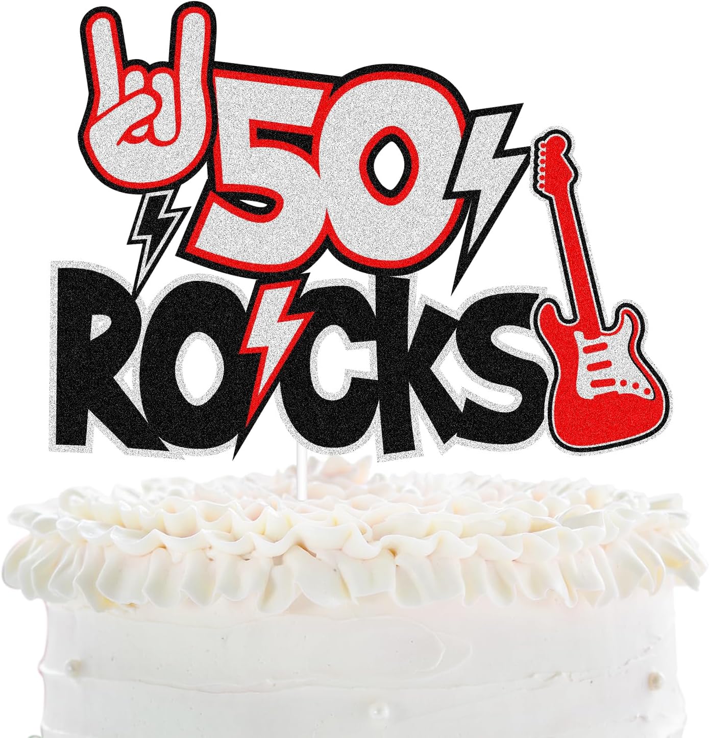 50 Rocks Birthday Cake Topper - Fabulous Fifty Years Anniversary Black Glitter Guitar Cake Topper - Cheers To Man Women Happy 50th Birthday Party Decoration