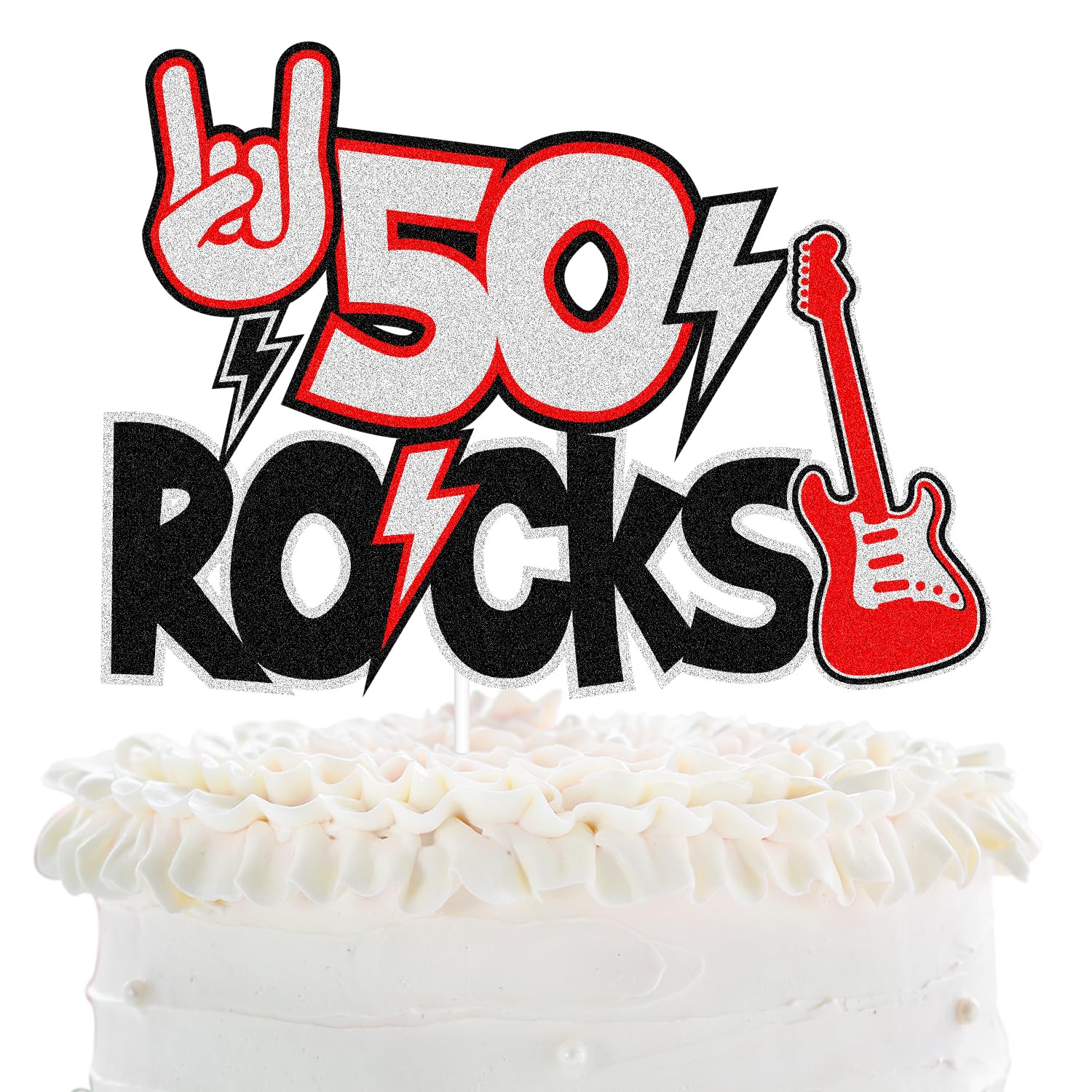50 Rocks Birthday Cake Topper - Fabulous Fifty Years Anniversary Black Glitter Guitar Cake Topper - Cheers To Man Women Happy 50th Birthday Party Decoration