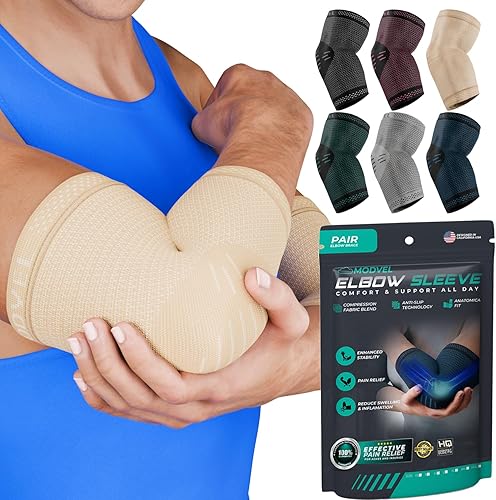 Vista 25 de Modvel Paquete de 2 coderas – Coderas de compresión para codo de golfista para aliviar el dolor en las articulaciones, recuperación, apoyos de Negro