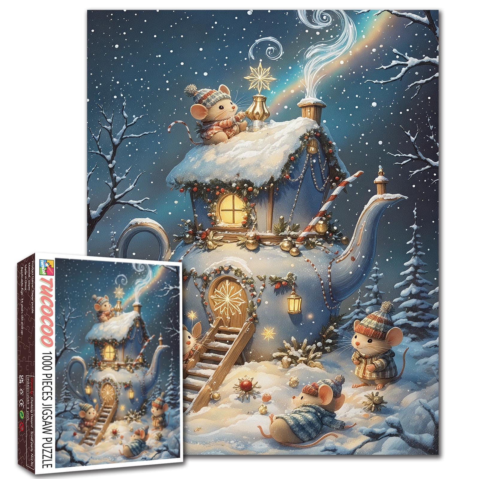 Whimsical Mouse House Teapot Winter 1000 Piece Jigsaw Puzzle for Adults Students Holiday Night Scene Cozy Snowy Cottage Puzzle Art Relaxing Activity Idea 20×27 Inches Home Decoration — image 1