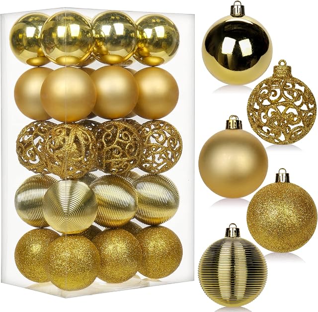 30 pcs Christmas Baubles Xmas Ball Ornaments with Strings, 60mm/2.4" Gold Shatterproof Plastic Hanging Decorations, Christmas Tree Pendants for Home Party Wedding Holiday