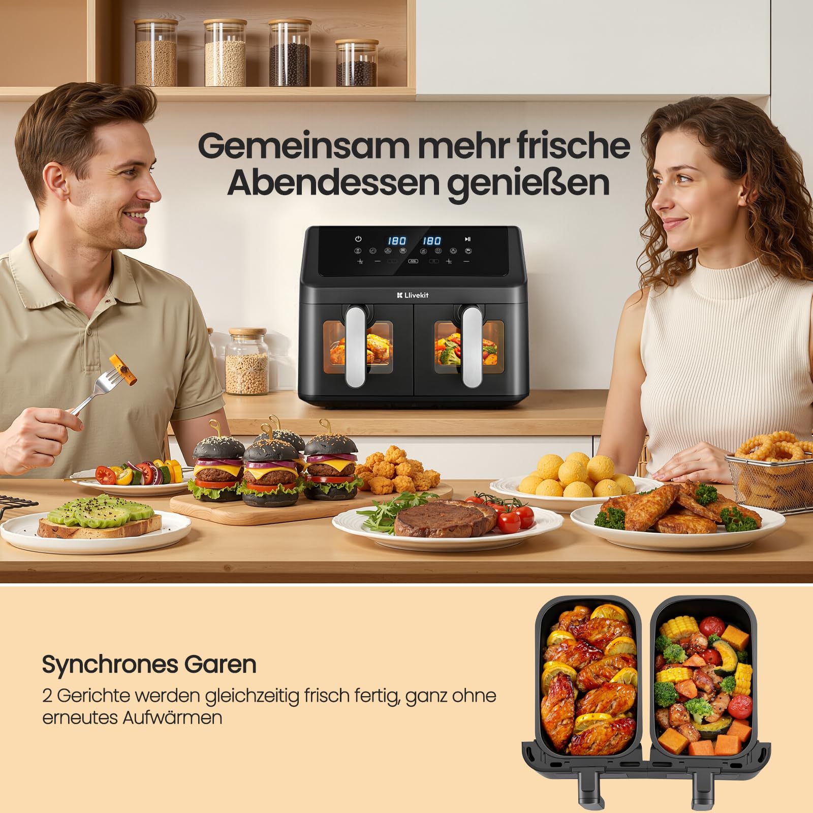 LLIVEKIT 9L Doppelkammer Heißluftfritteuse, 2x4,5L Airfryer mit automatischer Abschaltung, 4D Umluft, 70% energiesparend, 8 Programme, Sync-Finish, spülmaschinenfest, PFOA-frei