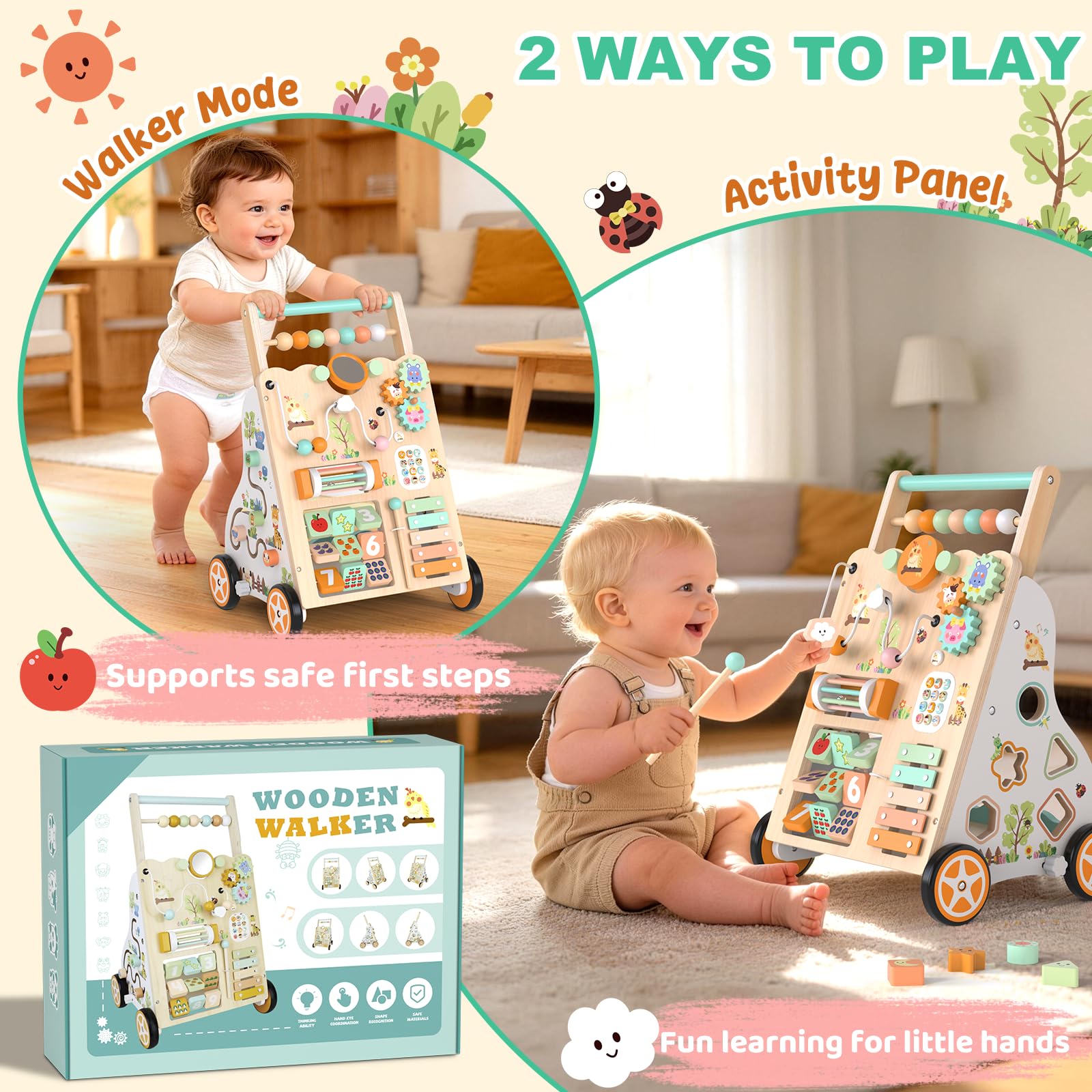Andador de madera para niños 12+ meses, caminador Montessori con centro de actividades, laberinto de cuentas, clasificador de formas, xilófono y juego de pesca, altura y velocidad ajustables