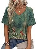 Womens Summer Tops Short Sleeve Casual Shirts Floral Tee Trendy 2025 Basics V Neck Plain Tshirt