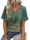 Womens Summer Tops Short Sleeve Casual Shirts Floral Tee Trendy 2025 Basics V Neck Plain Tshirt