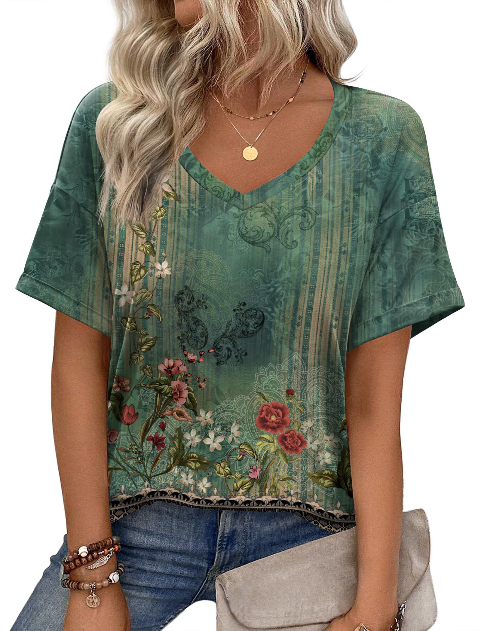 Womens Summer Tops Short Sleeve Casual Shirts Floral Tee Trendy 2026 Basics V Neck Plain Tshirt