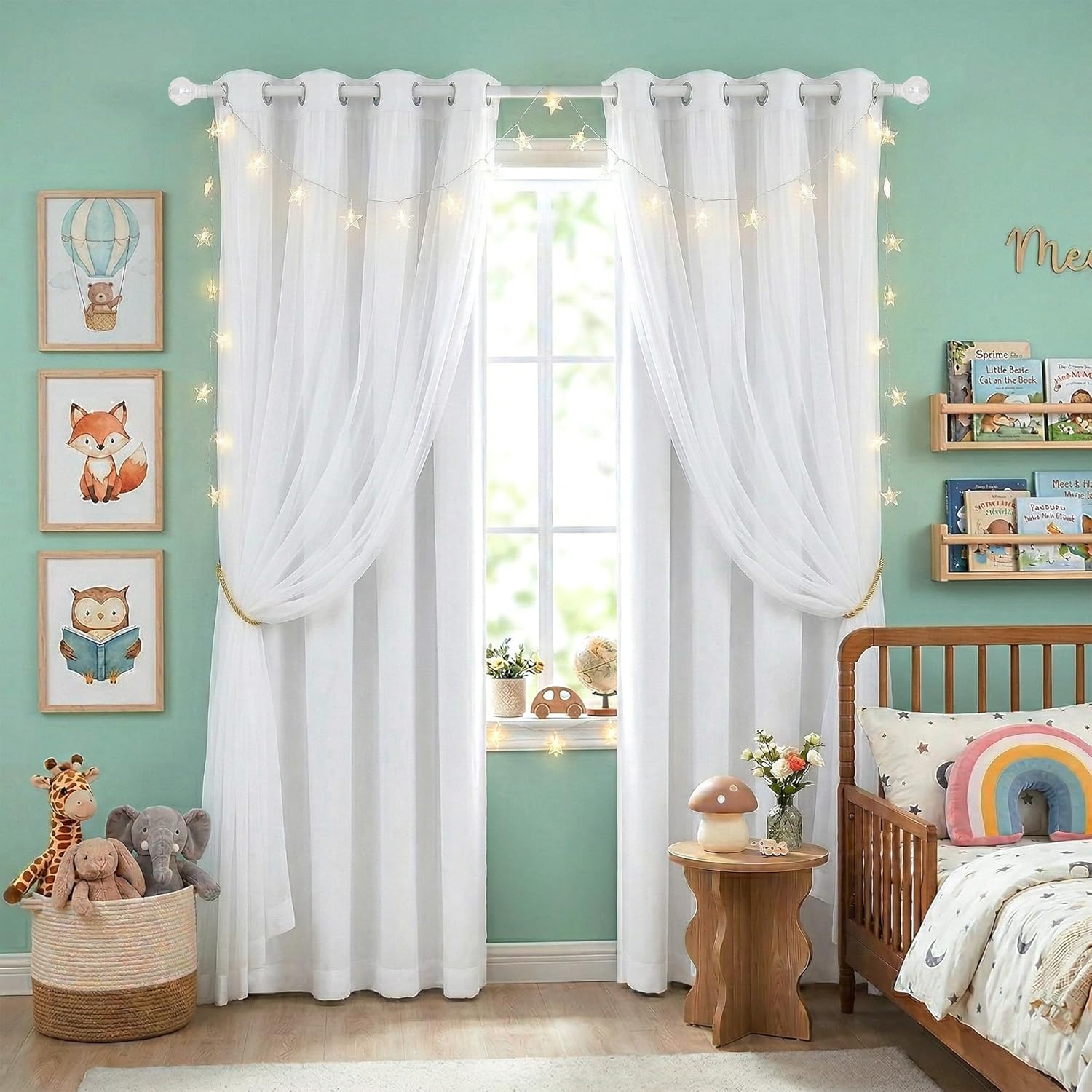 PONY DANCE White 95 inch Sheer Curtains - Double-Layered Blackout Curtains Set Sheer Overlay Solid Room Darkening Panels for Living Room/Bedroom ((Winter White, 52 inch Width for Each, Set of 2)