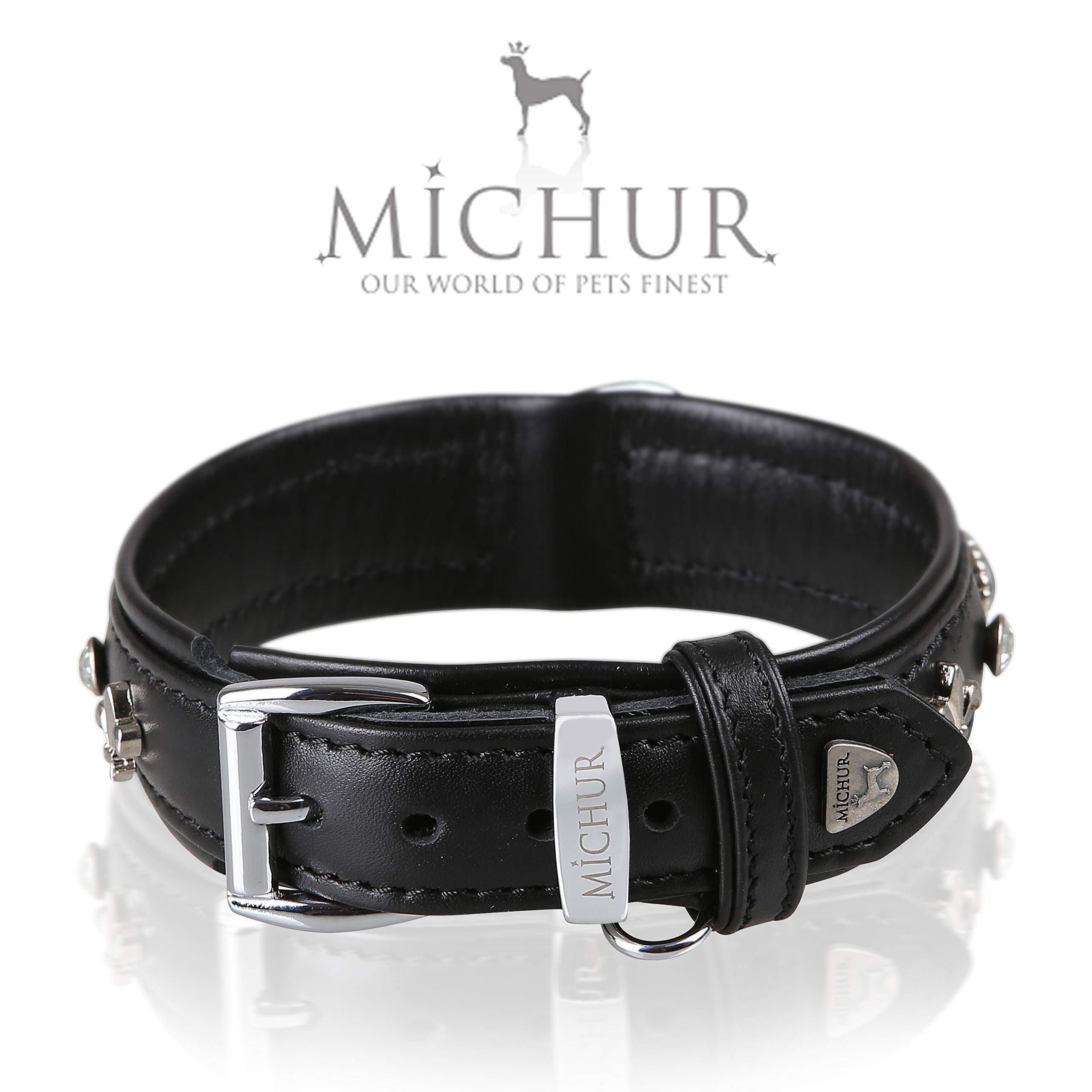 MICHUR EL Pavo Hundehalsband Leder, Lederhalsband Hund, Halsband, Schwarz, Leder, mit Lilien, Strasssteinen und grossem Pfauenauge, in verschiedenen Größen erhältlich