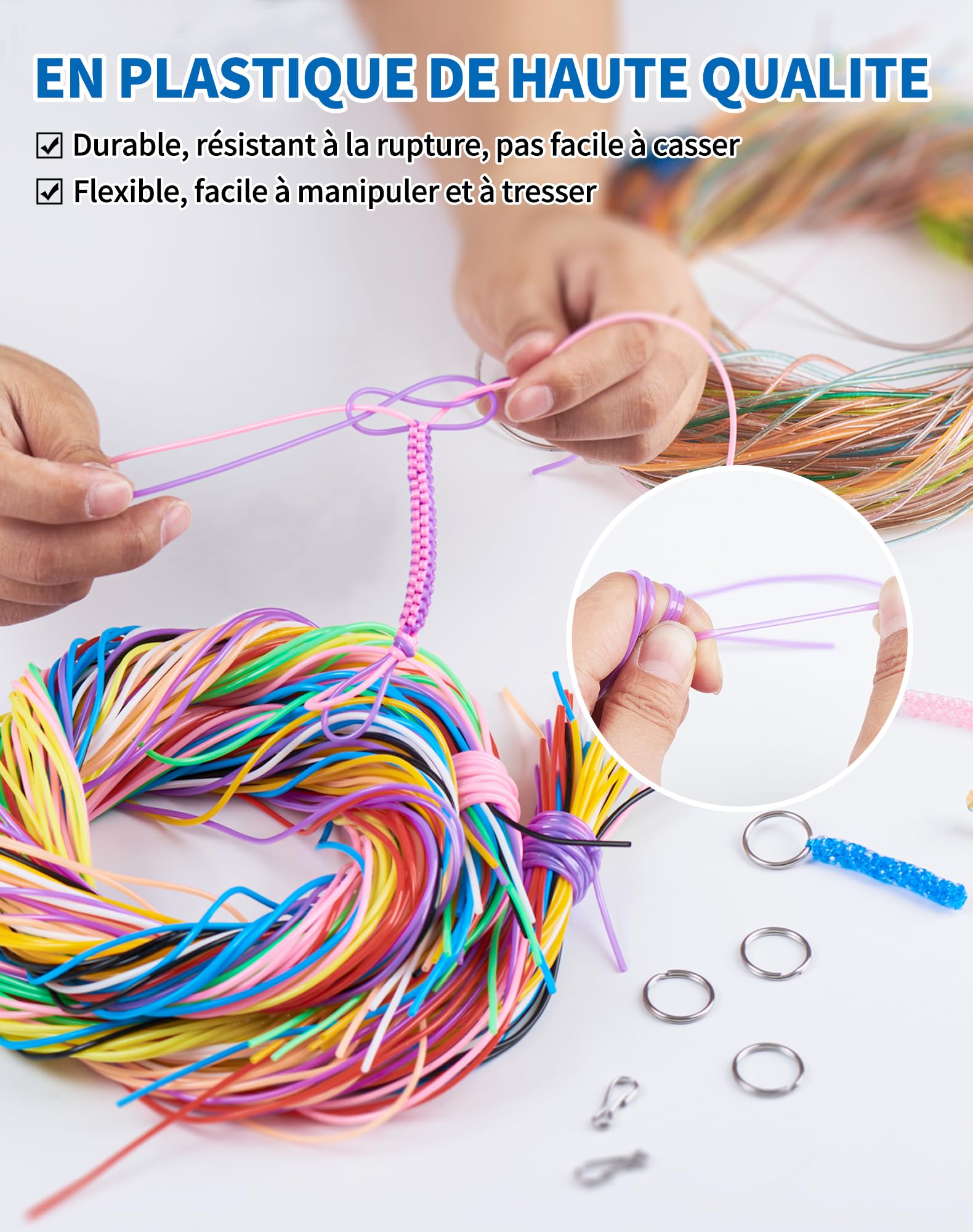SOSALUK Scoubidou DOO - 200 nastri con paillettes e classici Scoobydoo per il fai da te, per bracciali, collane, portachiavi, set con portachiavi e ganci, regalo per ragazze