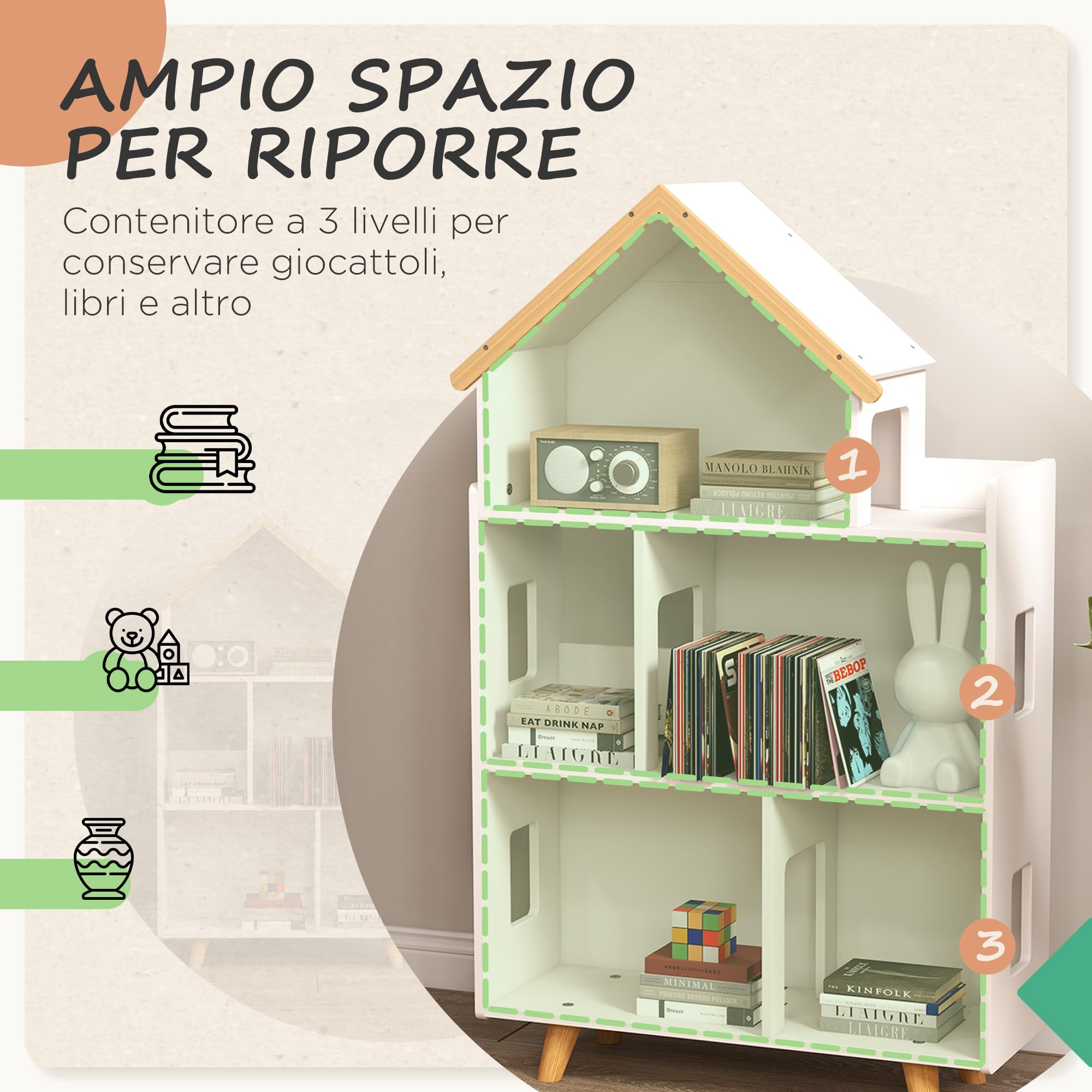 ZONEKIZ Libreria per Bambini 3-6 Anni a 3 Livelli per Libri e Giochi, in MDF e Legno di Pino, 65x25x108.5 cm, Bianco
