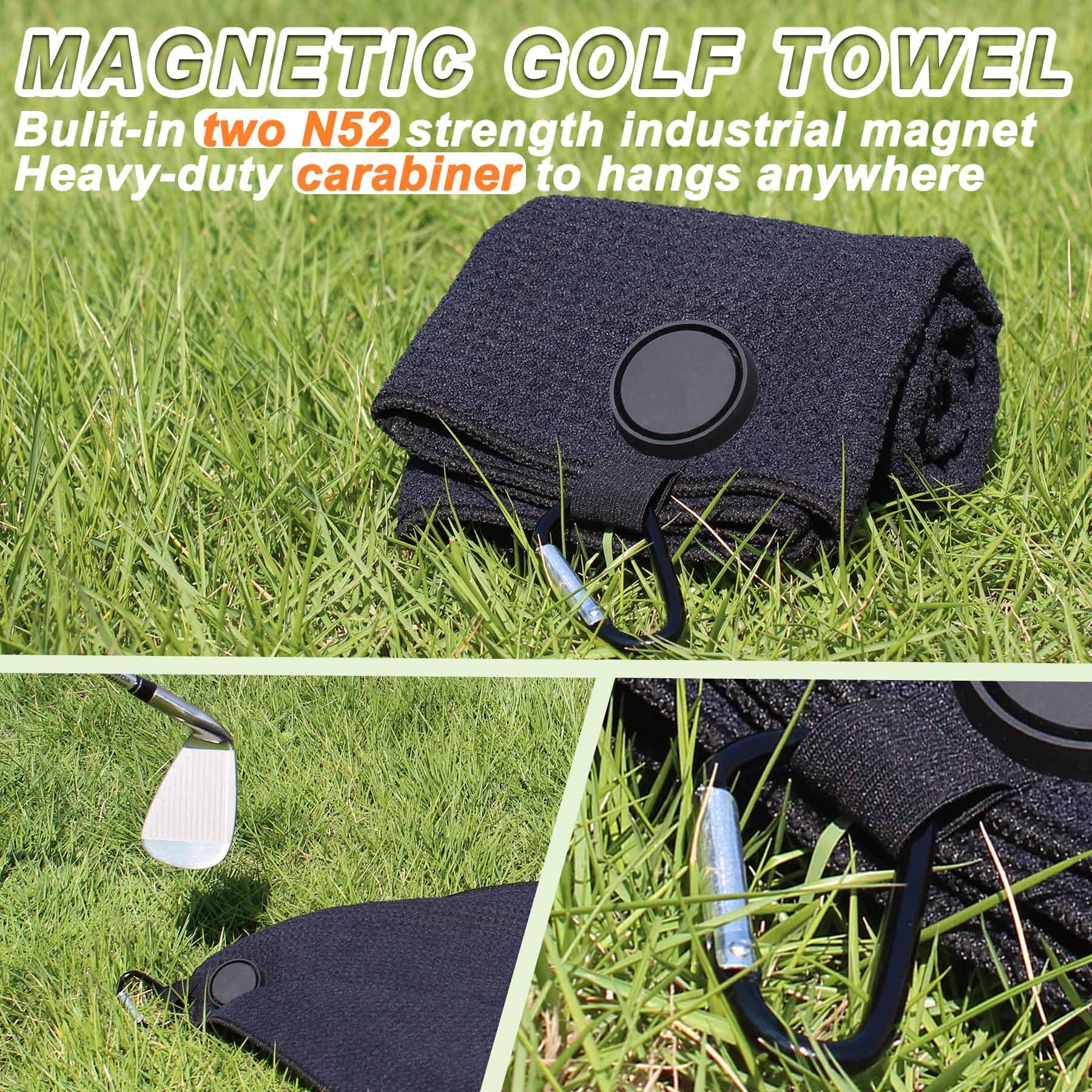 Toalla de golf magnética-Max N52 imán industrial con cubierta de goma y mosquetón, microfibra de alto nivel, fuerte sujeción a carritos de golf o clubes, tamaño grande de 24 x 16 pulgadas,