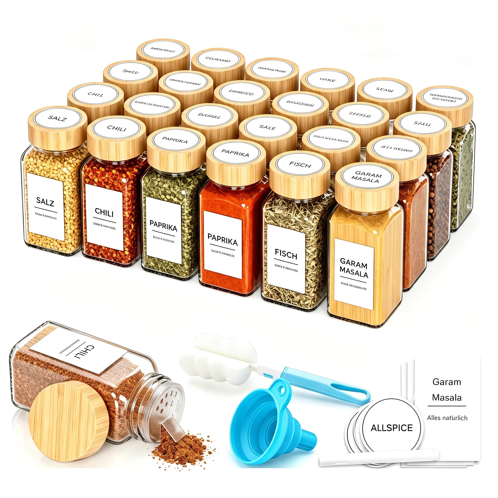 DIFULI 24 Gewürzgläser Eckig Set mit Deckel, 120ml Gewürzdosen mit 340 Etiketten, Gewürzstreuer Spice Jars Gewürzbehälter mit Trichter mit Streueinsatz,Leeren Aufklebern, Sieben (24 bambus)