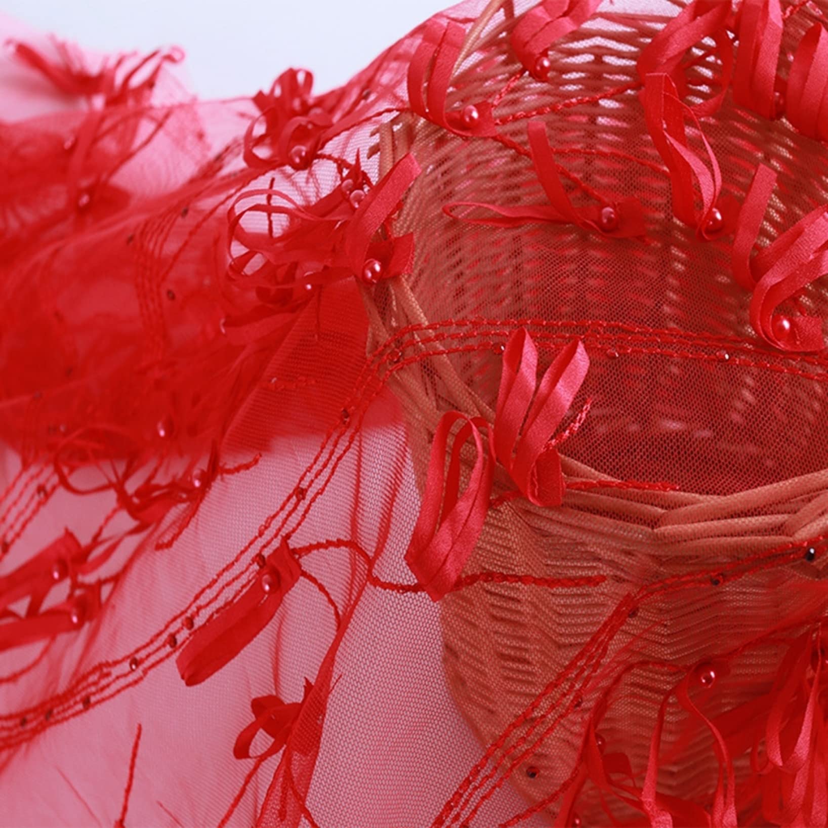 1 metro, perline e paillettes, tessuto di pizzo di organza, ampio tulle, for decorazioni fai da te, abiti da cucito, tende, gonne da tavolo(Red)
