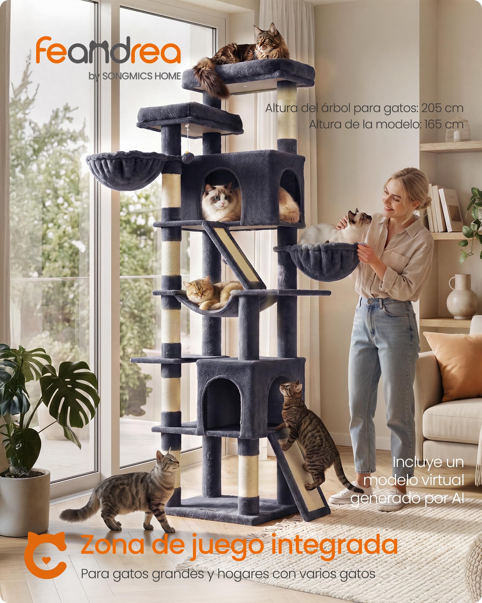 Feandrea Árbol para Gatos XXL, Torre con Postes de Sisal, Rascador para Varios Gatos Grandes, 7 Áreas de Descanso, 55 x 45 x 205 cm, Gris Oscuro, Colección Clawfy PCT021G201